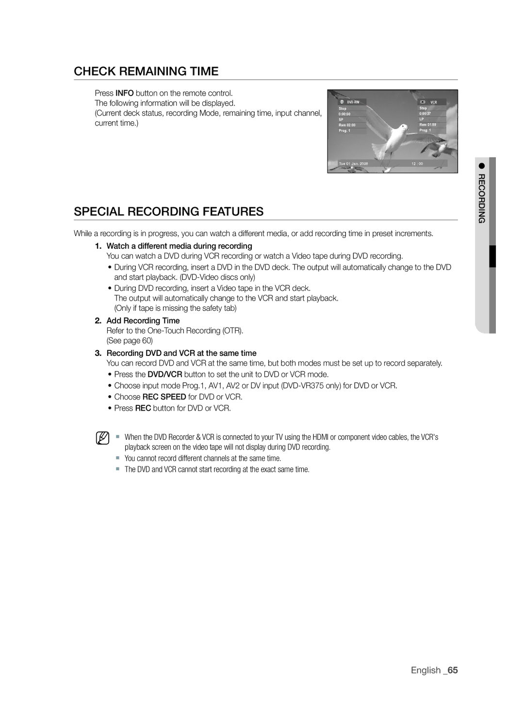 Samsung DVD-VR375A, DVD-VR370 user manual Check rEMaining TiME, SPECiaL rECOrDing FEaTUrES, Current time 