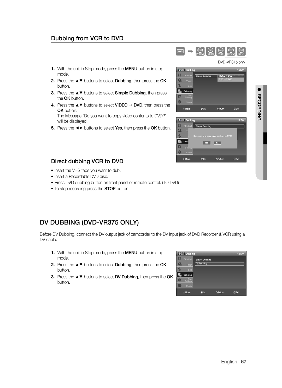 Samsung DVD-VR375A, DVD-VR370 DV Dubbing DVD-VR375 only, With the unit in Stop mode, press the Menu button in stop, Mode 