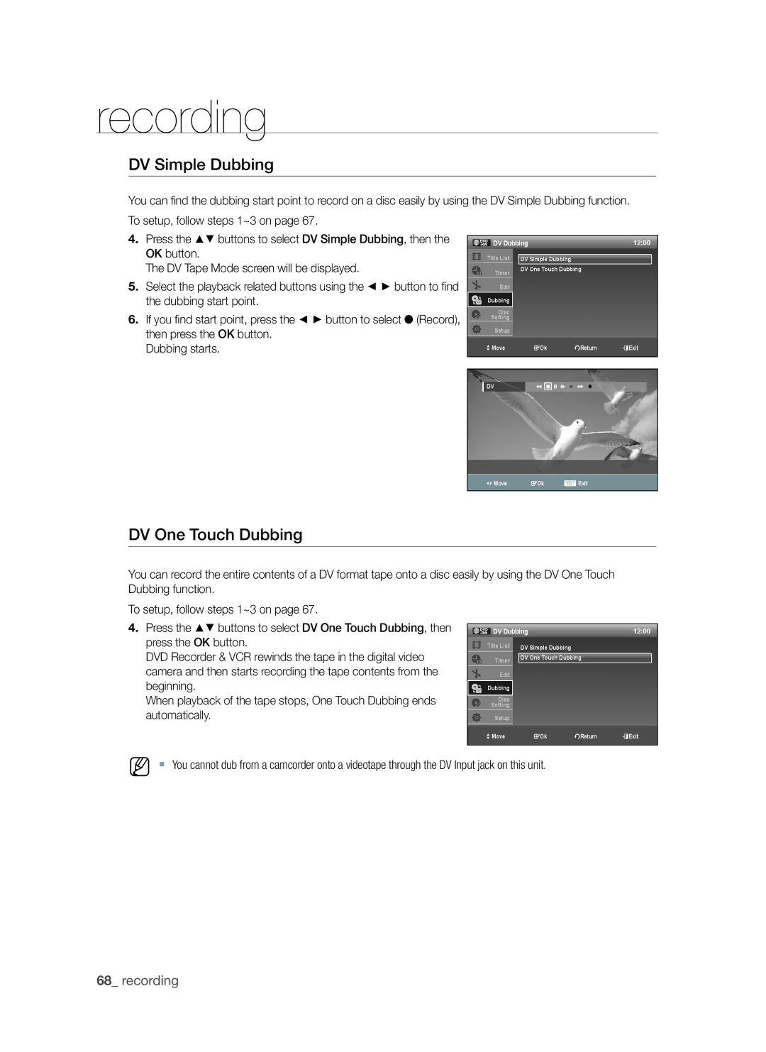 Samsung DVD-VR370, DVD-VR375A user manual DV Simple Dubbing, DV One Touch Dubbing, DV Dubbing 1200 
