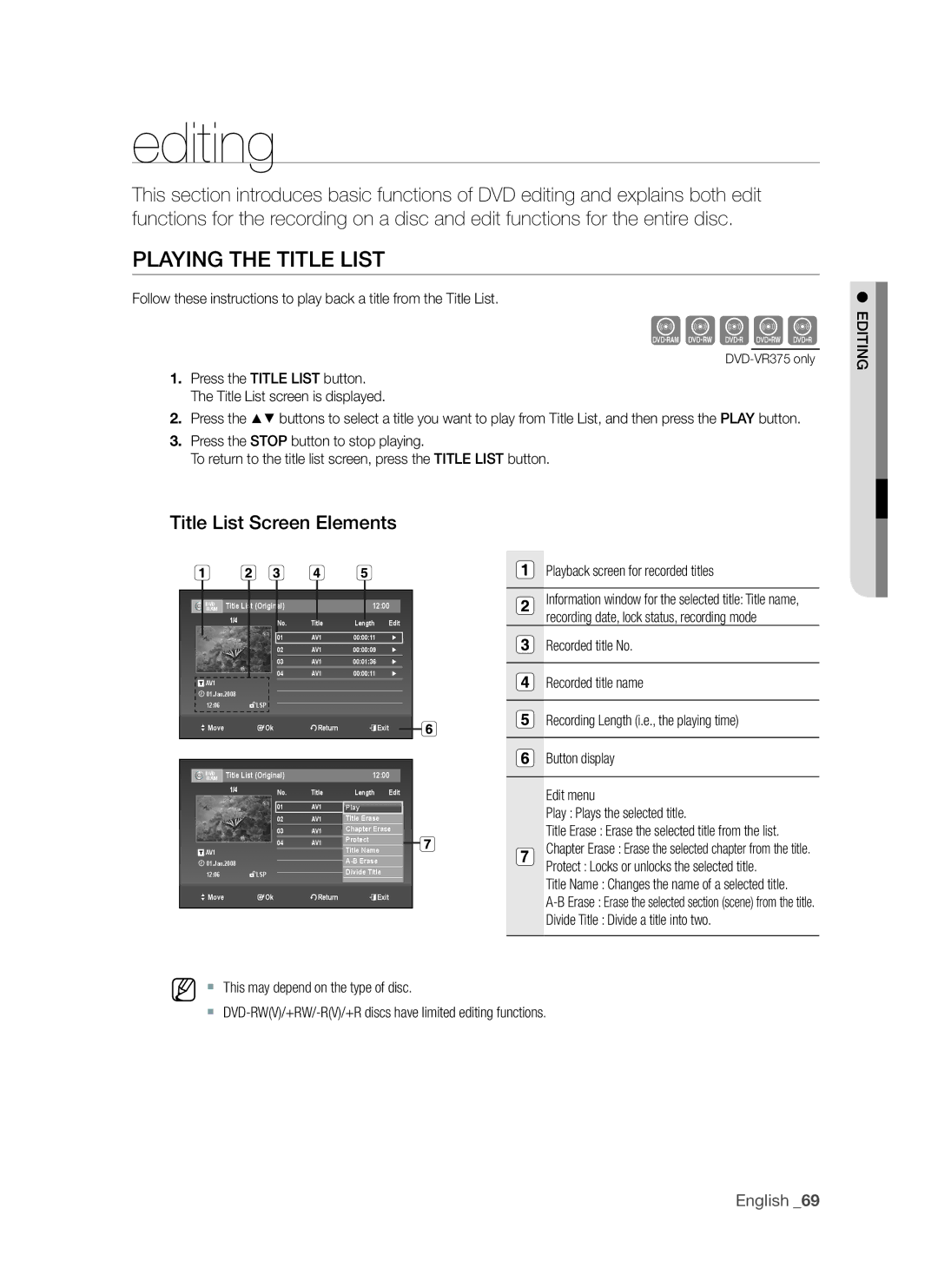 Samsung DVD-VR375A, DVD-VR370 user manual Playing the Title List, Title List Screen Elements 