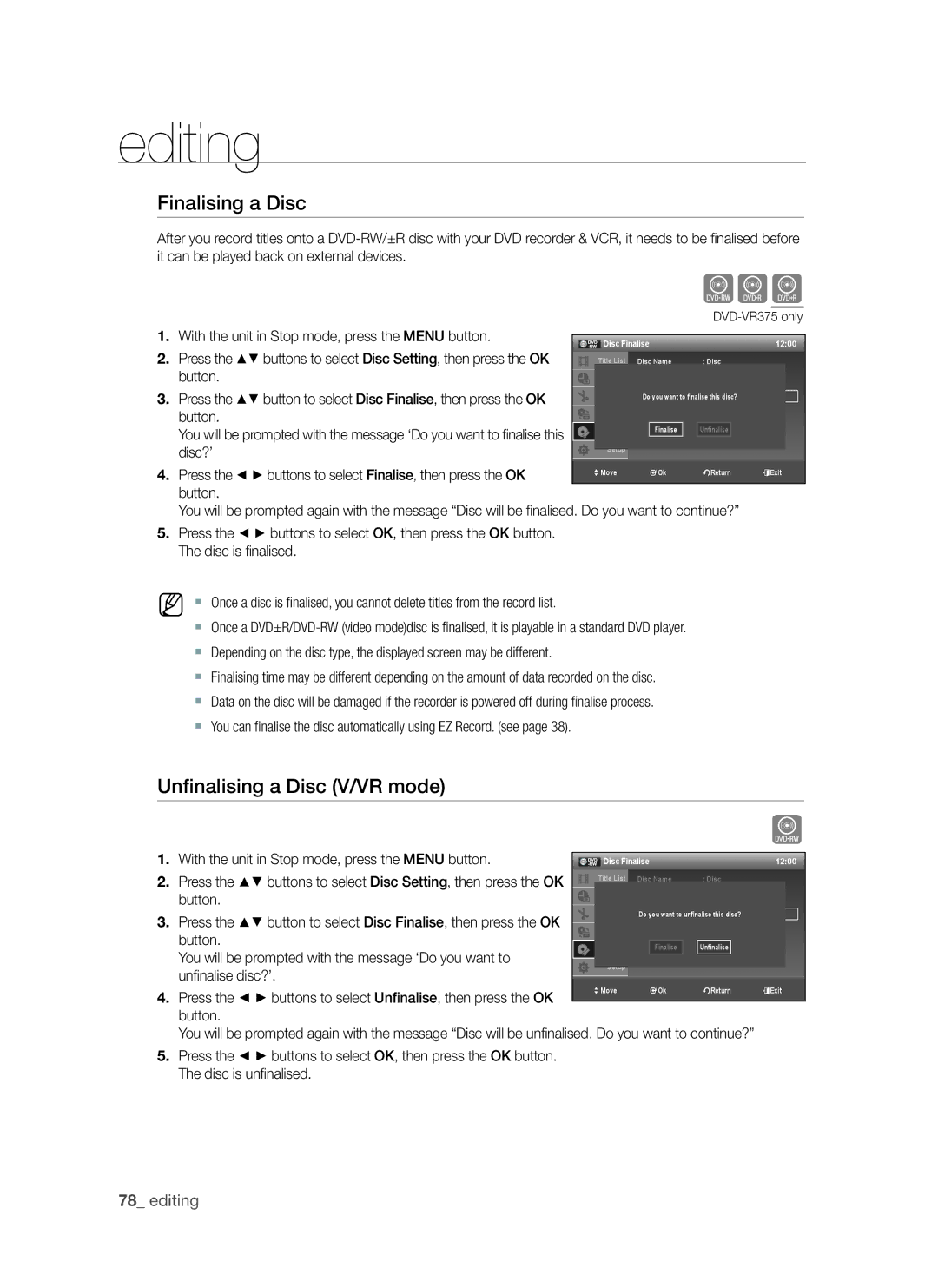 Samsung DVD-VR370, DVD-VR375A user manual Finalising a Disc, Unfinalising a Disc V/Vr mode, Disc?’, Unfi nalise disc?’ 