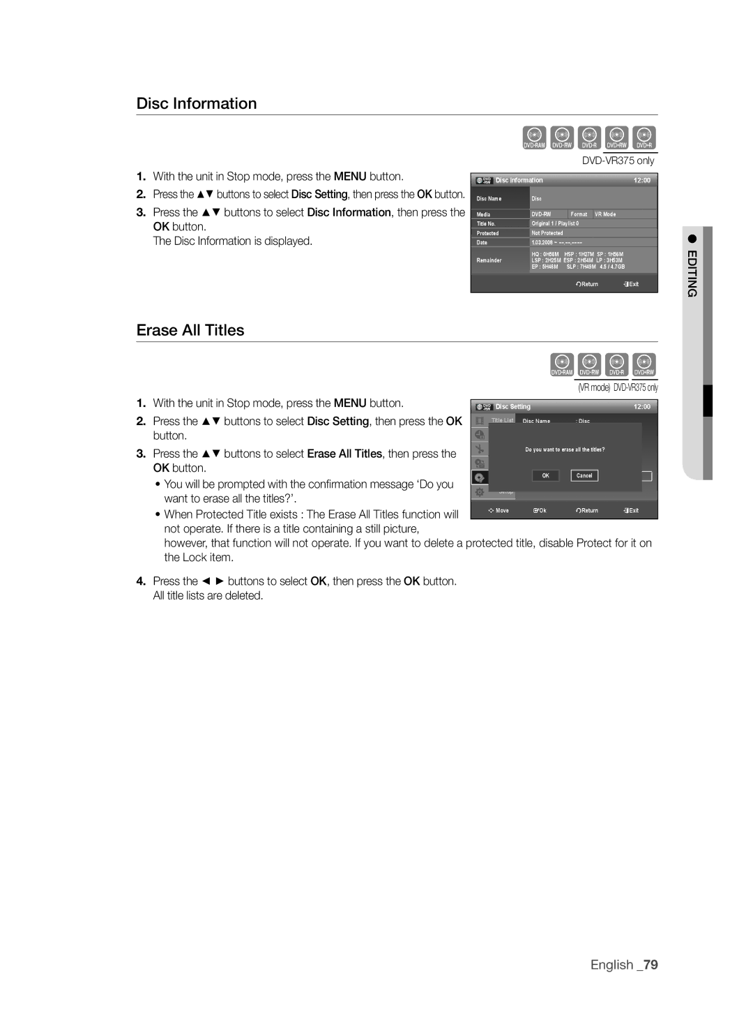 Samsung DVD-VR375A Disc information, Erase all Titles, EDiTing, Want to erase all the titles?’, Disc Information 1200 