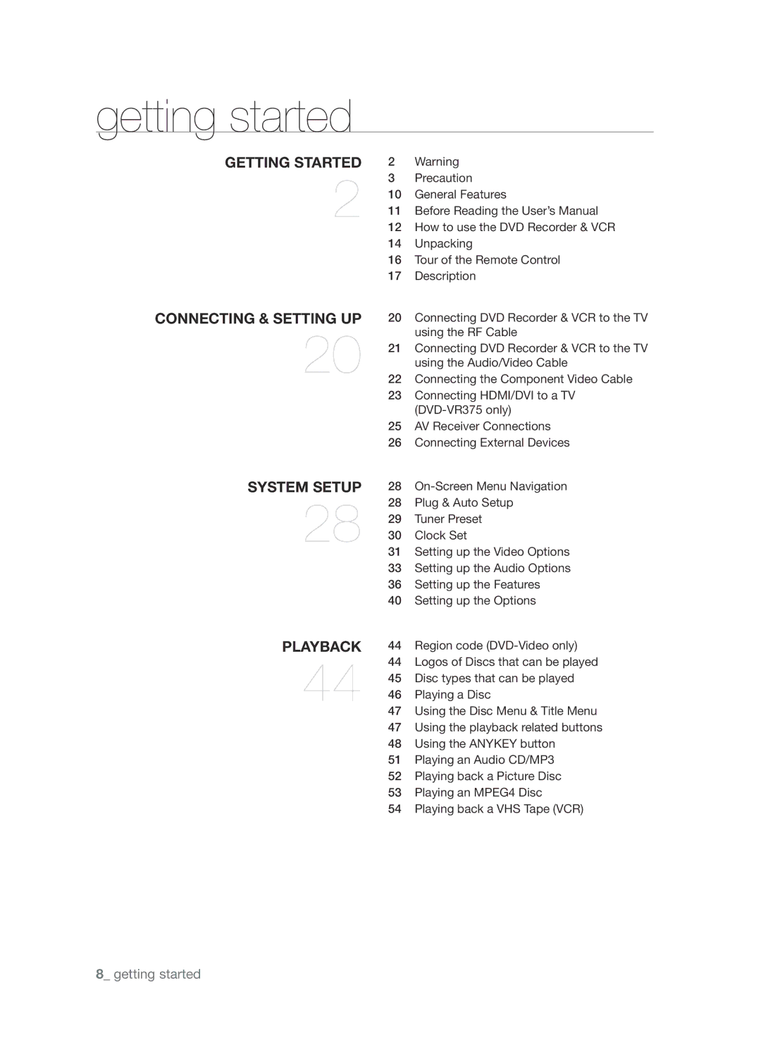 Samsung DVD-VR370, DVD-VR375A user manual Getting started 