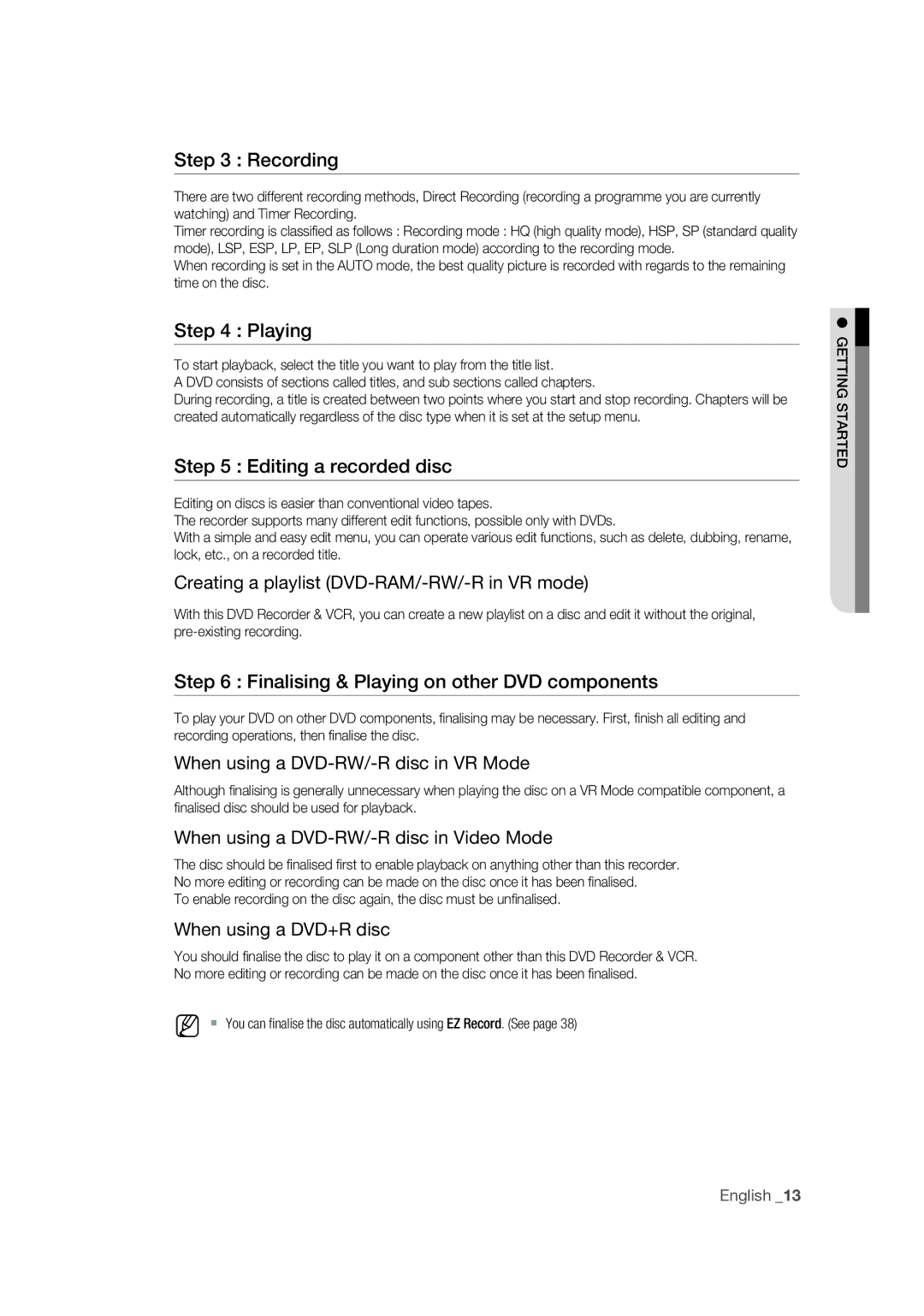 Samsung DVD-VR370/XEC manual Recording, Playing, Editing a recorded disc, Creating a playlist DVD-RAM/-RW/-R in VR mode 