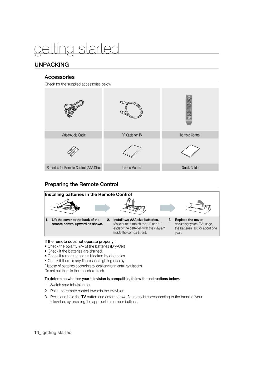 Samsung DVD-VR375/EDC, DVD-VR370/EDC, DVD-VR370/XEC manual Unpacking, Accessories, Preparing the Remote Control 