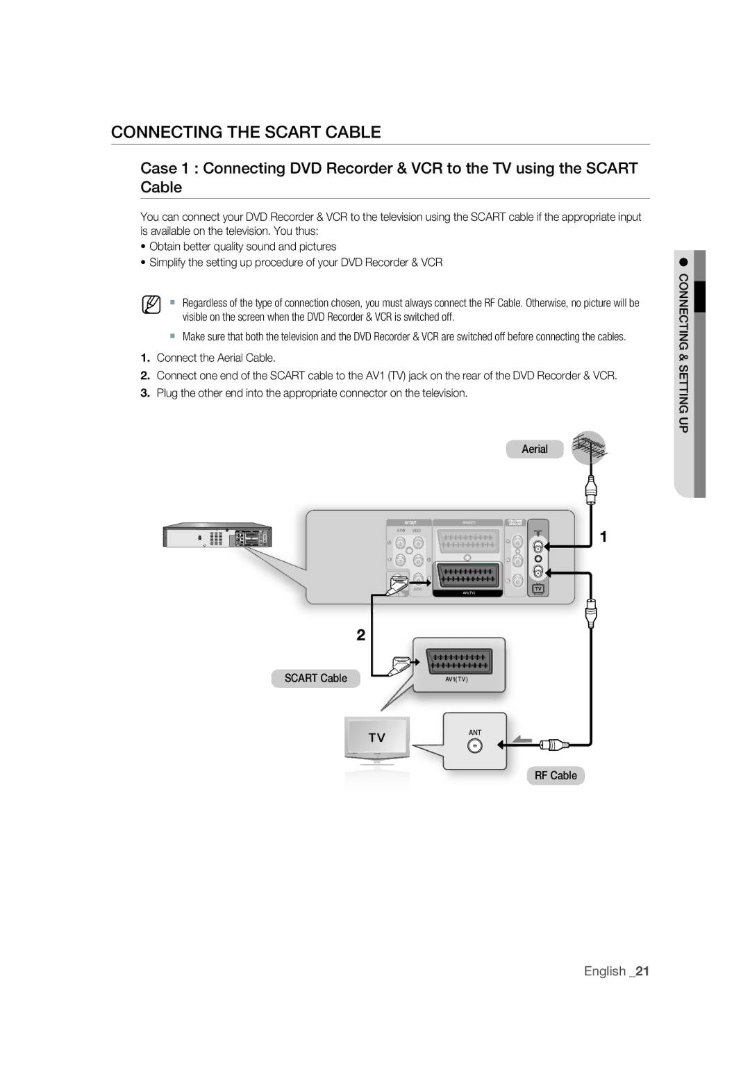 Samsung DVD-VR370/EDC, DVD-VR370/XEC manual Connecting the Scart Cable, Connect the Aerial Cable, Connecting & Setting UP 