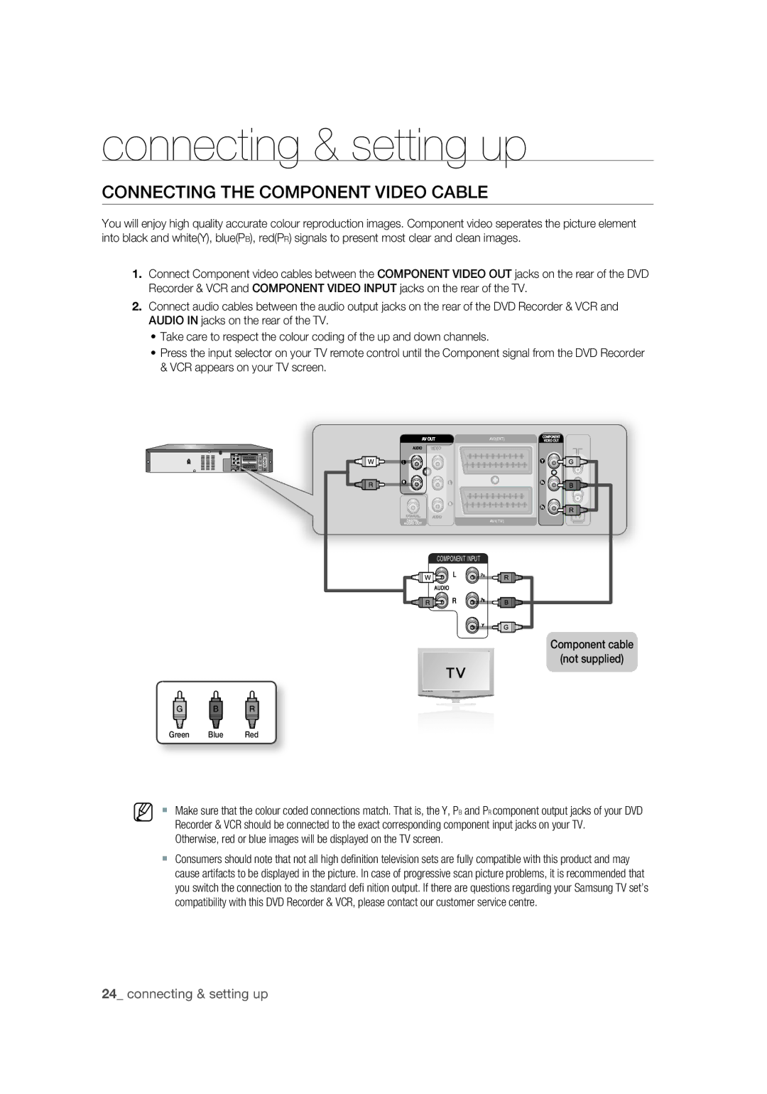 Samsung DVD-VR370/EDC, DVD-VR370/XEC, DVD-VR375/EDC manual Connecting the Component Video Cable, Component cable Not supplied 