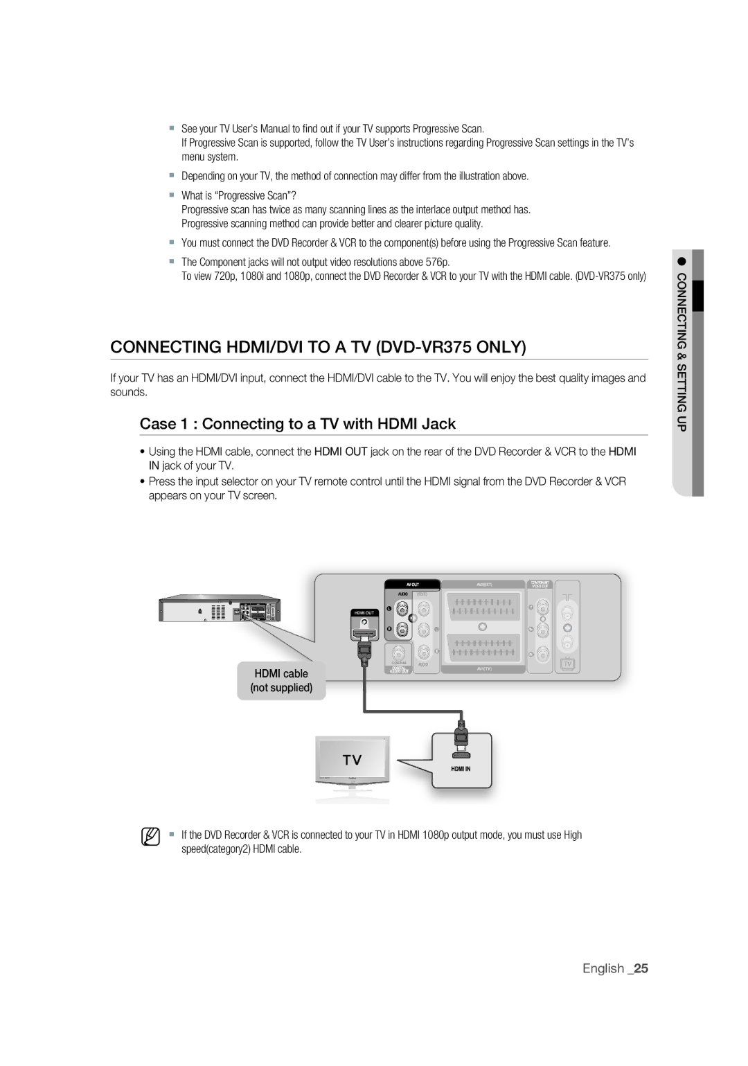 Samsung DVD-VR370/XEC, DVD-VR370/EDC Connecting HDMI/DVI to a TV DVD-VR375 only, Case 1 Connecting to a TV with Hdmi Jack 