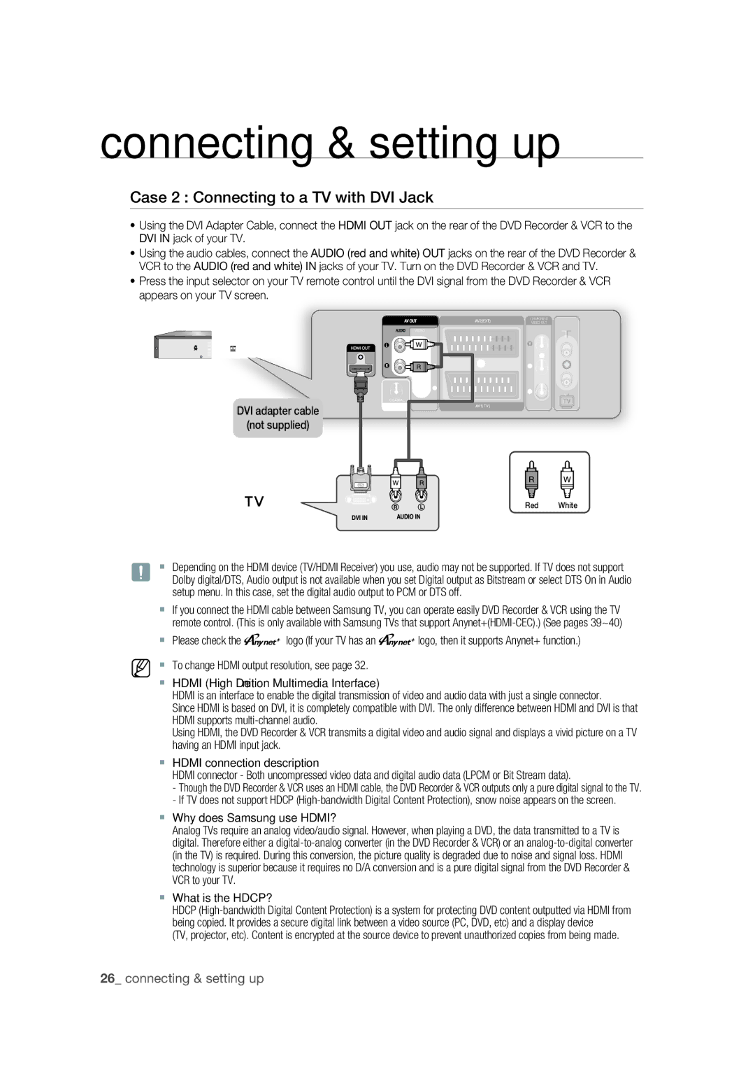 Samsung DVD-VR375/EDC manual Case 2 Connecting to a TV with DVI Jack,  Why does Samsung use HDMI?,  What is the HDCP? 