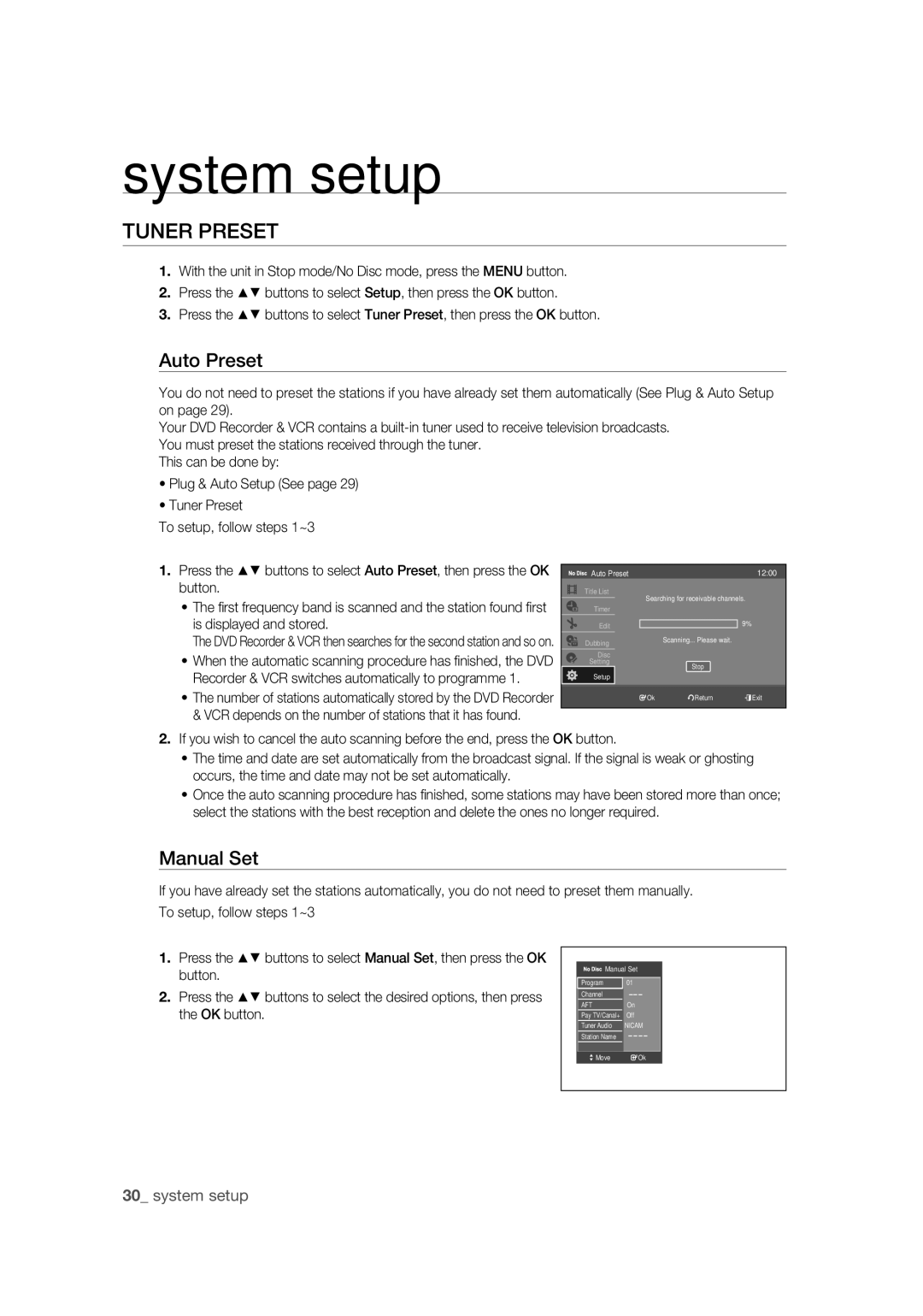 Samsung DVD-VR370/EDC, DVD-VR370/XEC, DVD-VR375/EDC Tuner Preset, Auto Preset, Manual Set, Button, Is displayed and stored 