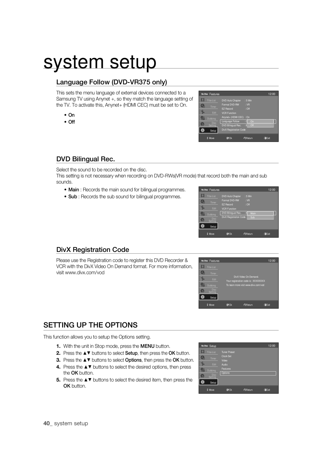 Samsung DVD-VR370/XEC Setting UP the Options, Language Follow DVD-VR375 only, DVD Bilingual Rec, DivX Registration Code 