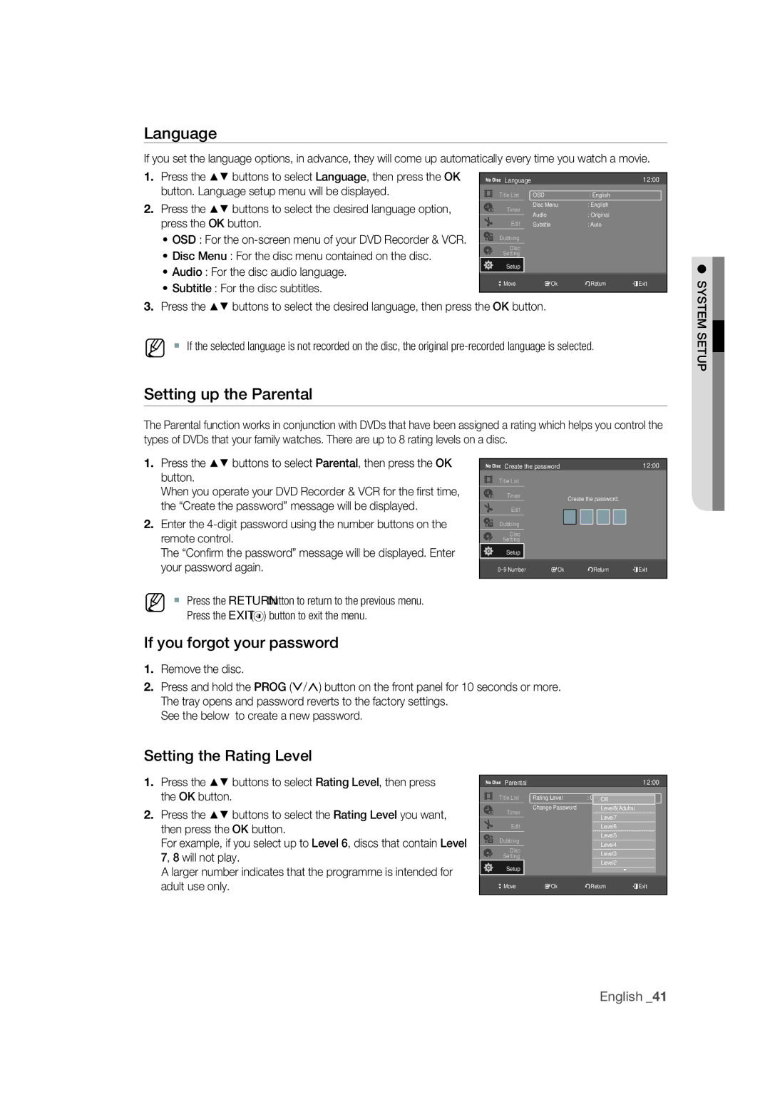 Samsung DVD-VR375/EDC manual Language, Setting up the Parental, If you forgot your password, Setting the Rating Level 