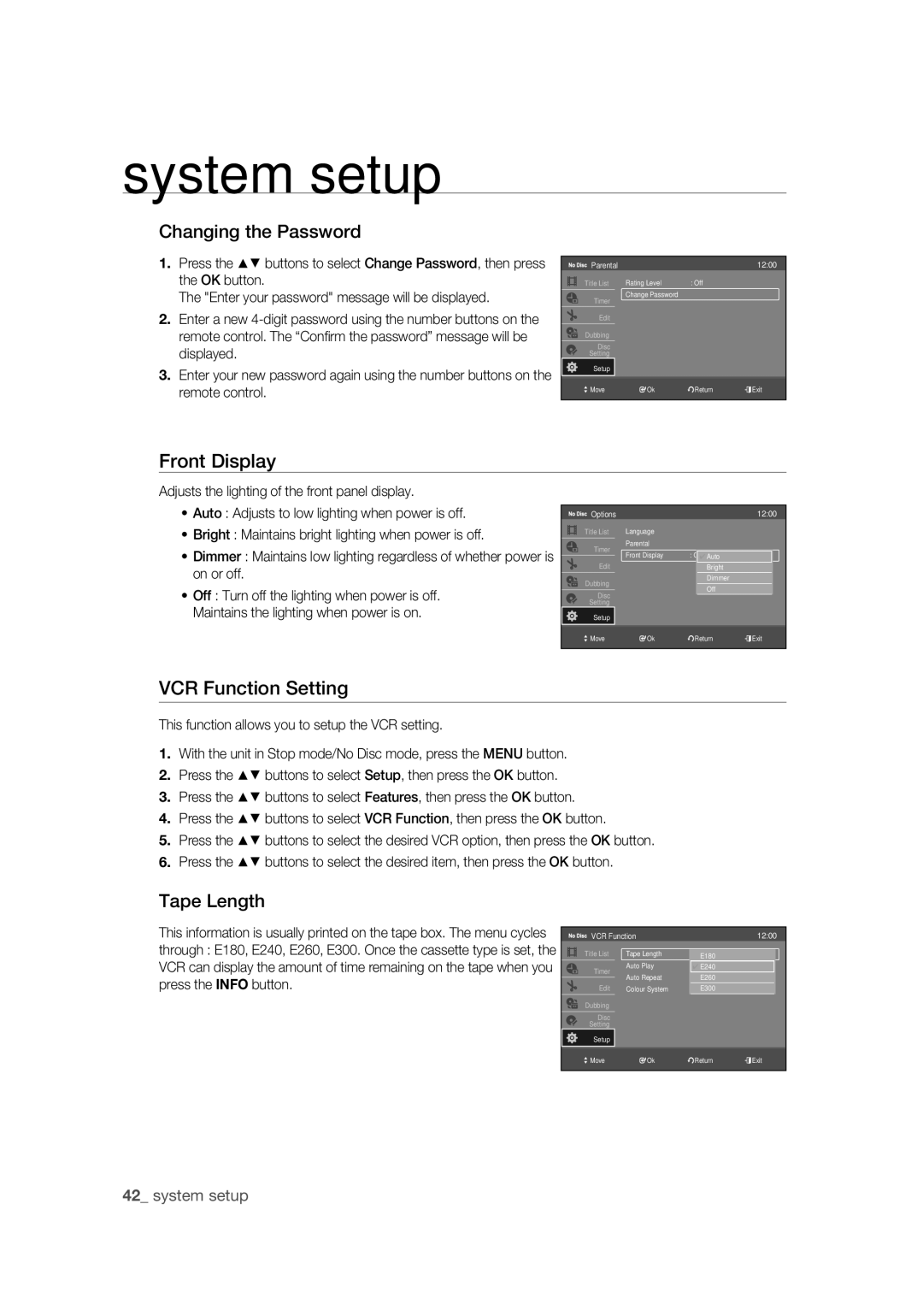 Samsung DVD-VR370/EDC, DVD-VR370/XEC, DVD-VR375/EDC Changing the Password, Front Display, VCR Function Setting, Tape Length 