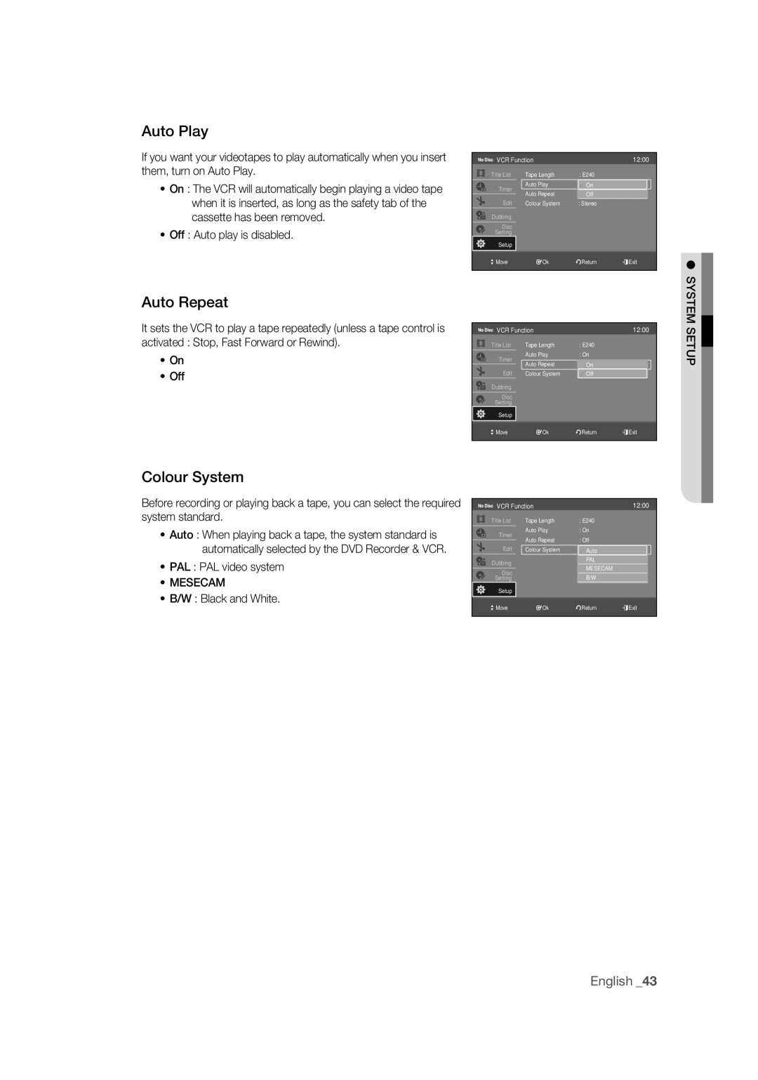 Samsung DVD-VR370/XEC, DVD-VR370/EDC, DVD-VR375/EDC manual Auto Play, Auto Repeat, Colour System, Mesecam 