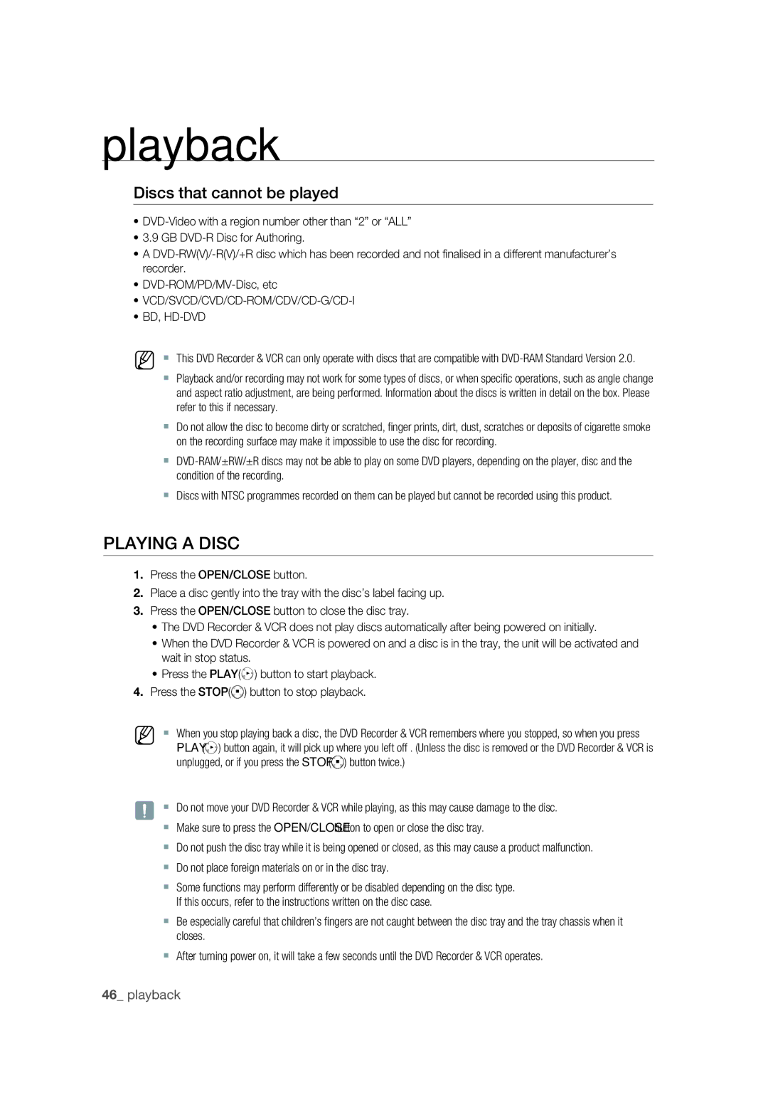 Samsung DVD-VR370/XEC manual Playing a Disc, Discs that cannot be played, Vcd/Svcd/Cvd/Cd-Rom/Cdv/Cd-G/Cd-I Bd, Hd-Dvd 
