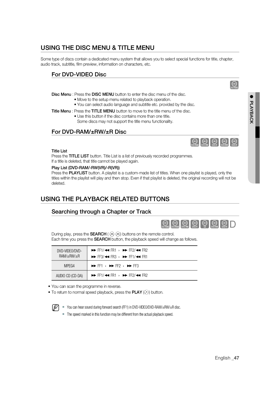 Samsung DVD-VR375/EDC manual Using the Disc Menu & Title Menu, Using the Playback Related Buttons, For DVD-VIDEO Disc 