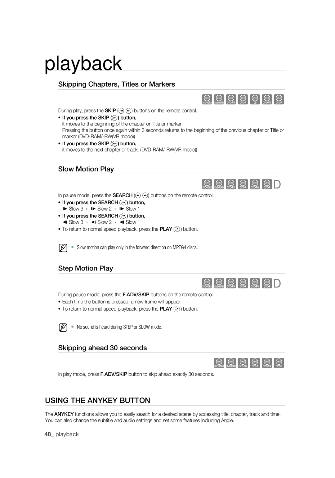 Samsung DVD-VR370/EDC Using the Anykey Button, Skipping Chapters, Titles or Markers, Slow Motion Play, Step Motion Play 