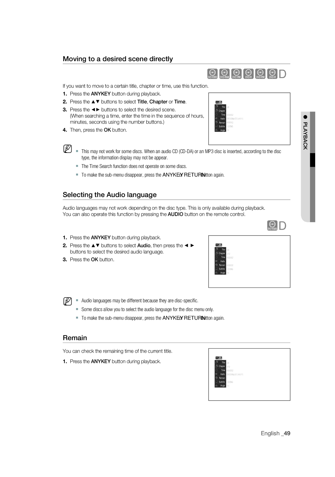 Samsung DVD-VR370/XEC Moving to a desired scene directly, Selecting the Audio language, Remain, Then, press the OK button 