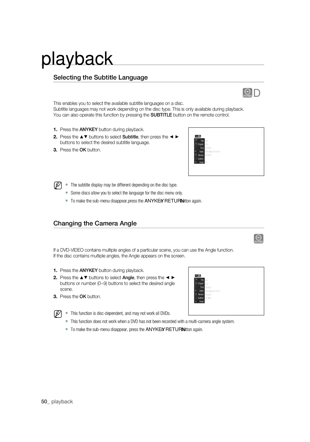 Samsung DVD-VR375/EDC manual Selecting the Subtitle Language, Changing the Camera Angle, Press the OK button, Scene 