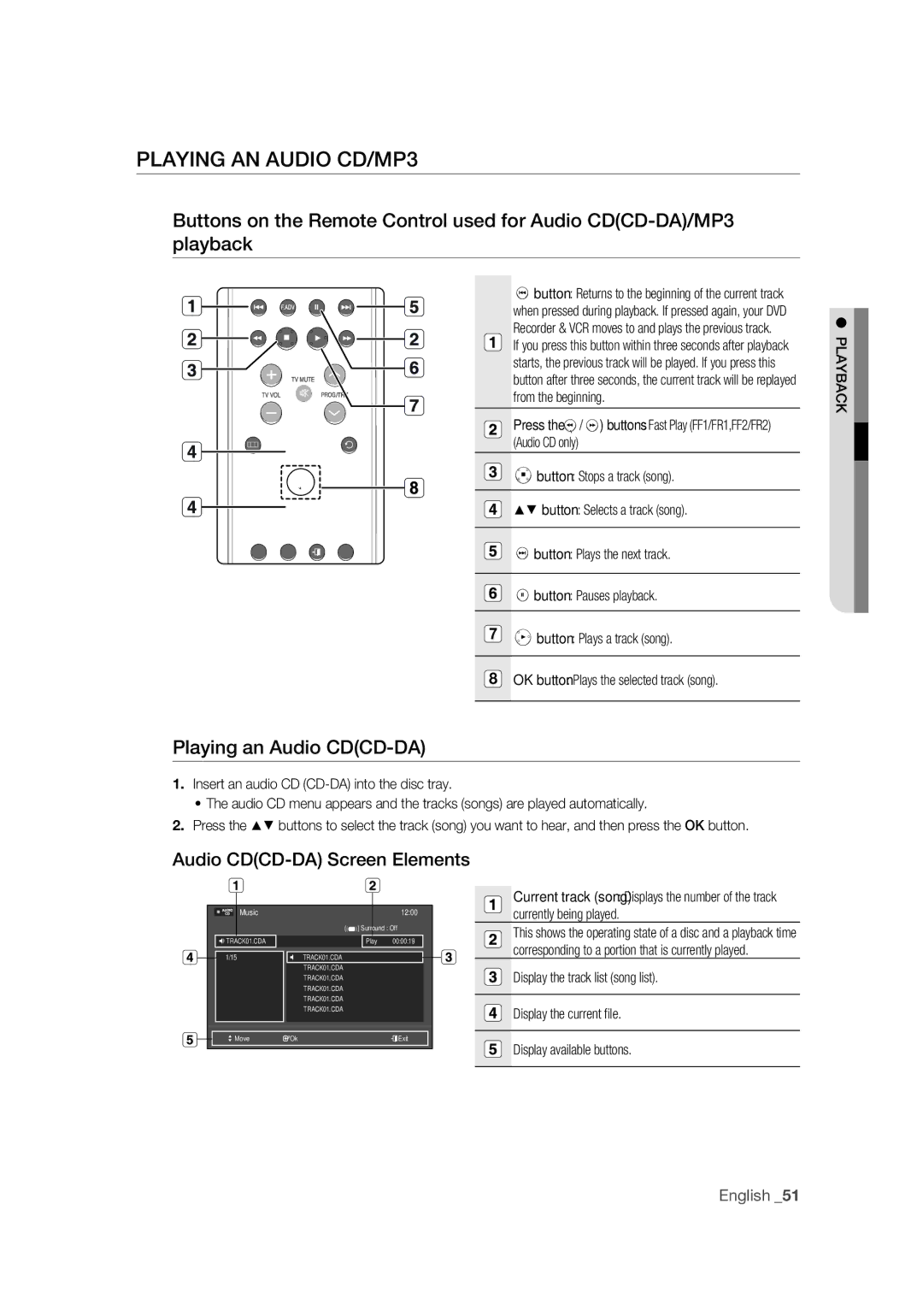 Samsung DVD-VR370/EDC, DVD-VR370/XEC manual Playing AN Audio CD/MP3, Playing an Audio CDCD-DA, Audio CDCD-DA Screen Elements 