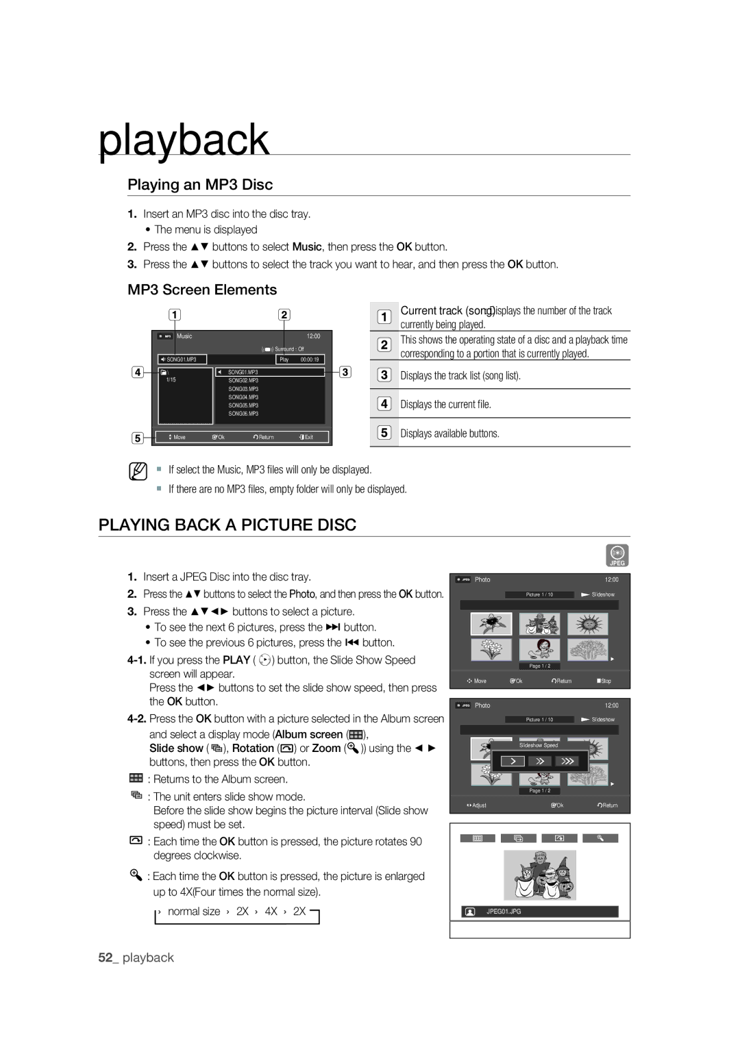 Samsung DVD-VR370/XEC, DVD-VR370/EDC, DVD-VR375/EDC Playing Back a Picture Disc, Playing an MP3 Disc, MP3 Screen Elements 