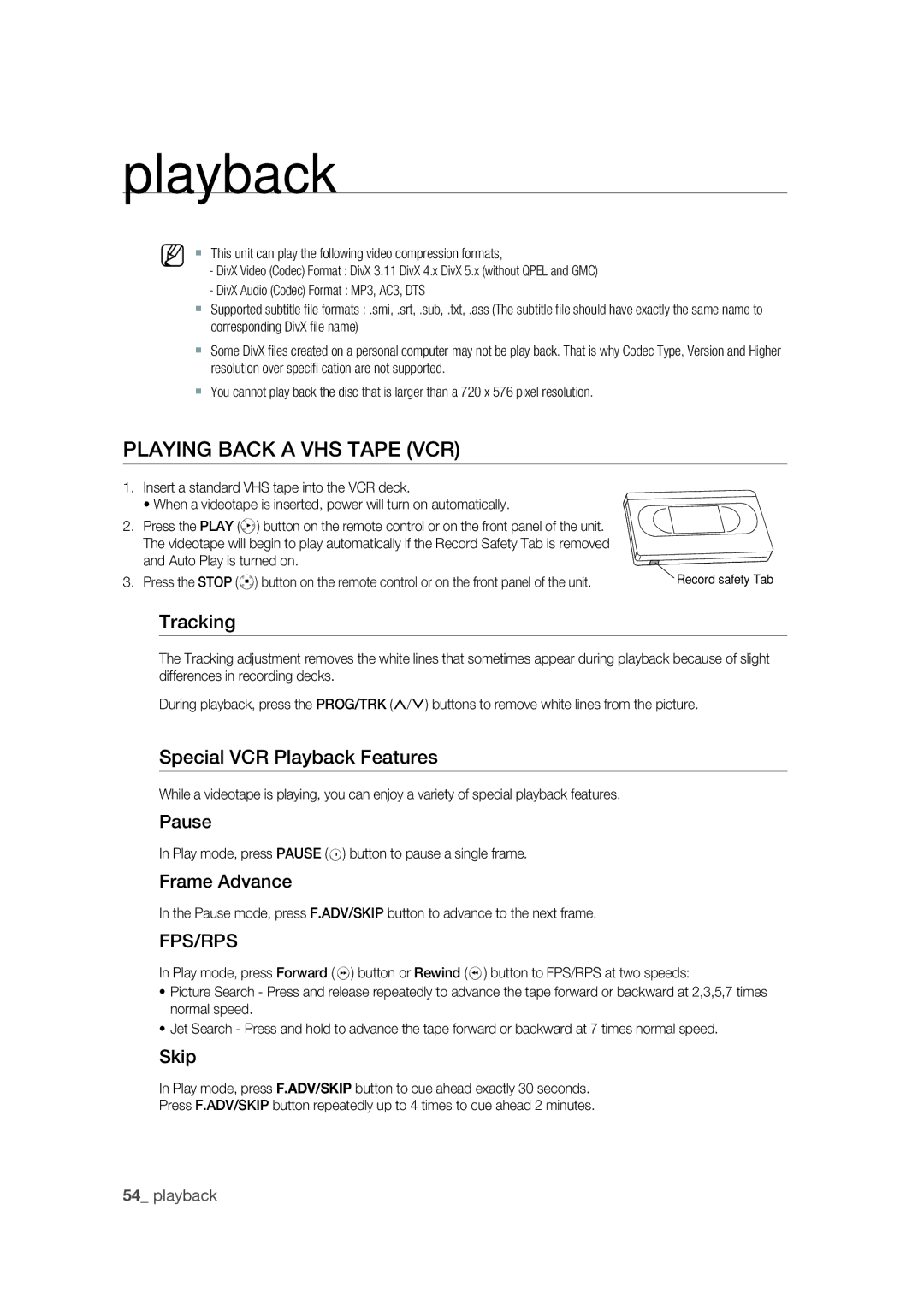 Samsung DVD-VR370/EDC, DVD-VR370/XEC, DVD-VR375/EDC manual Playing Back a VHS Tape VCR 