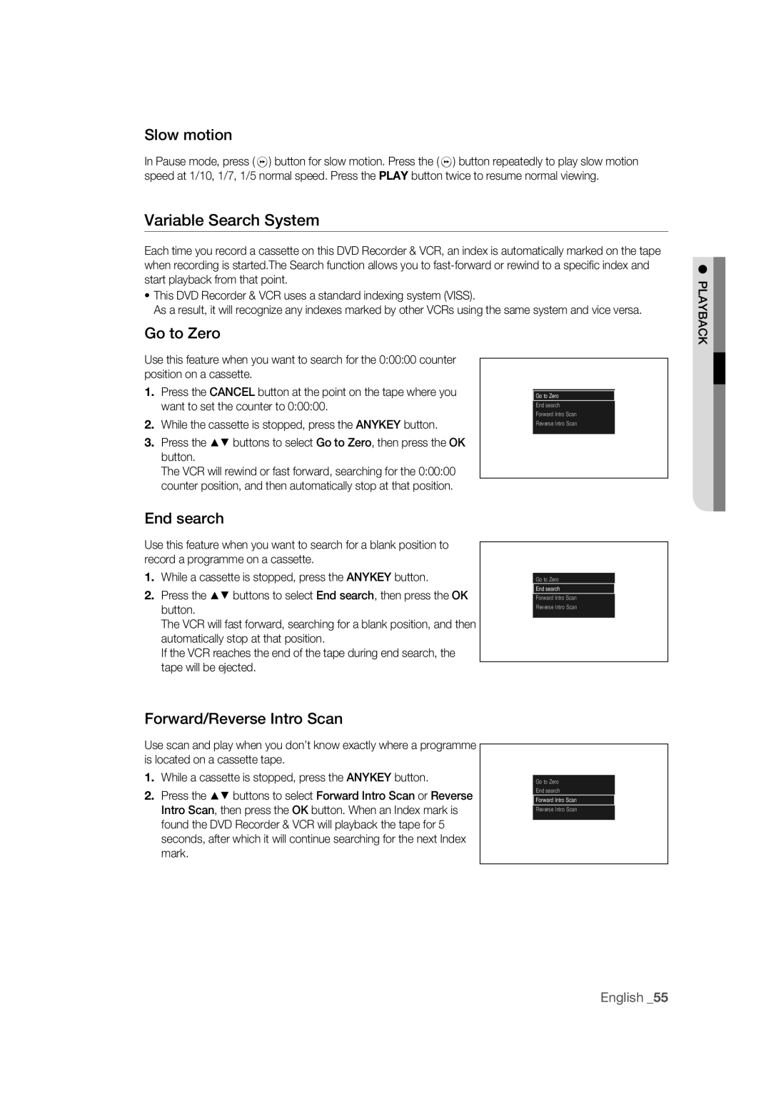 Samsung DVD-VR370/XEC manual Slow motion, Variable Search System, Go to Zero, End search, Forward/Reverse Intro Scan 