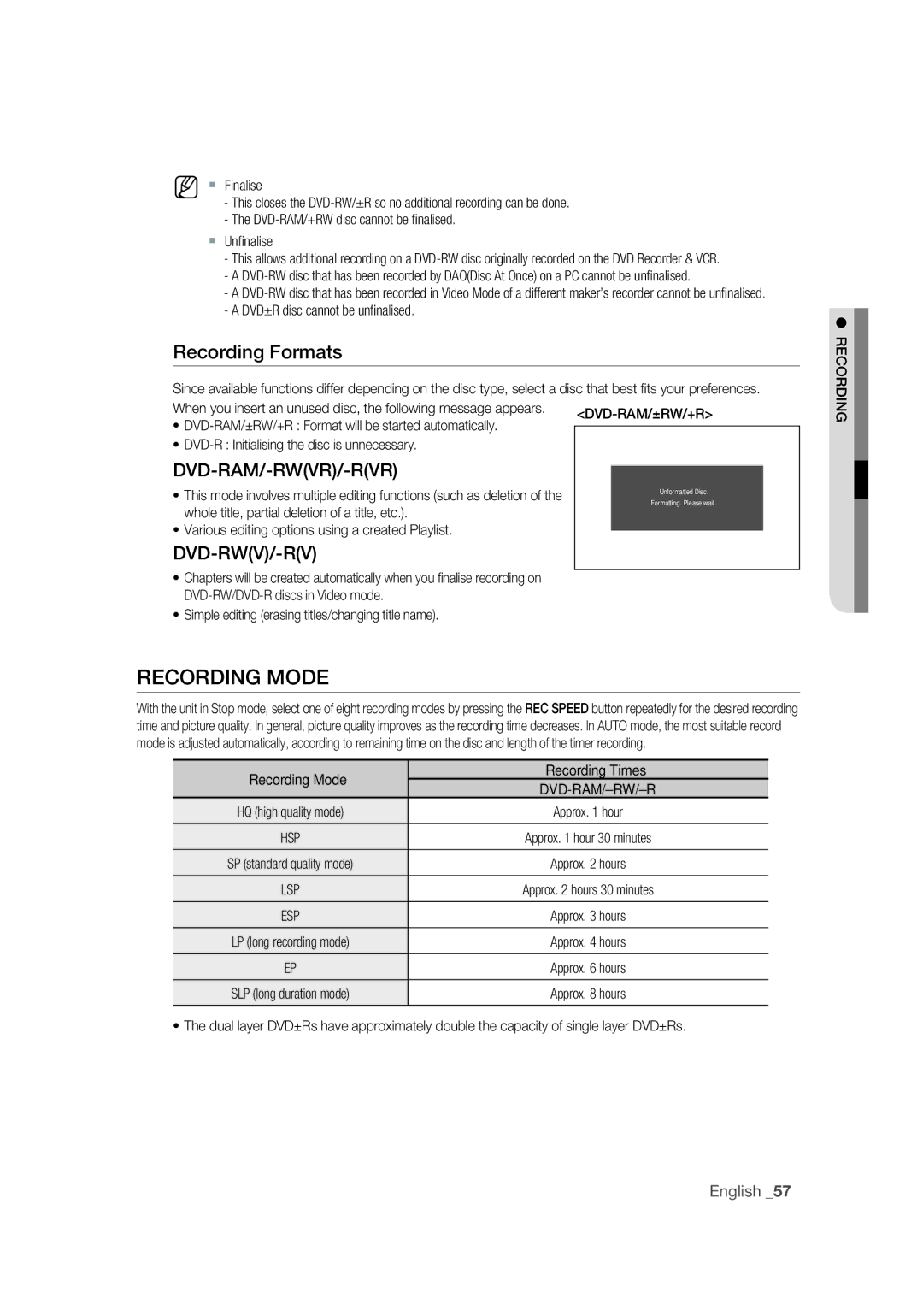 Samsung DVD-VR370/EDC, DVD-VR370/XEC manual Recording Mode, Recording Formats, Whole title, partial deletion of a title, etc 