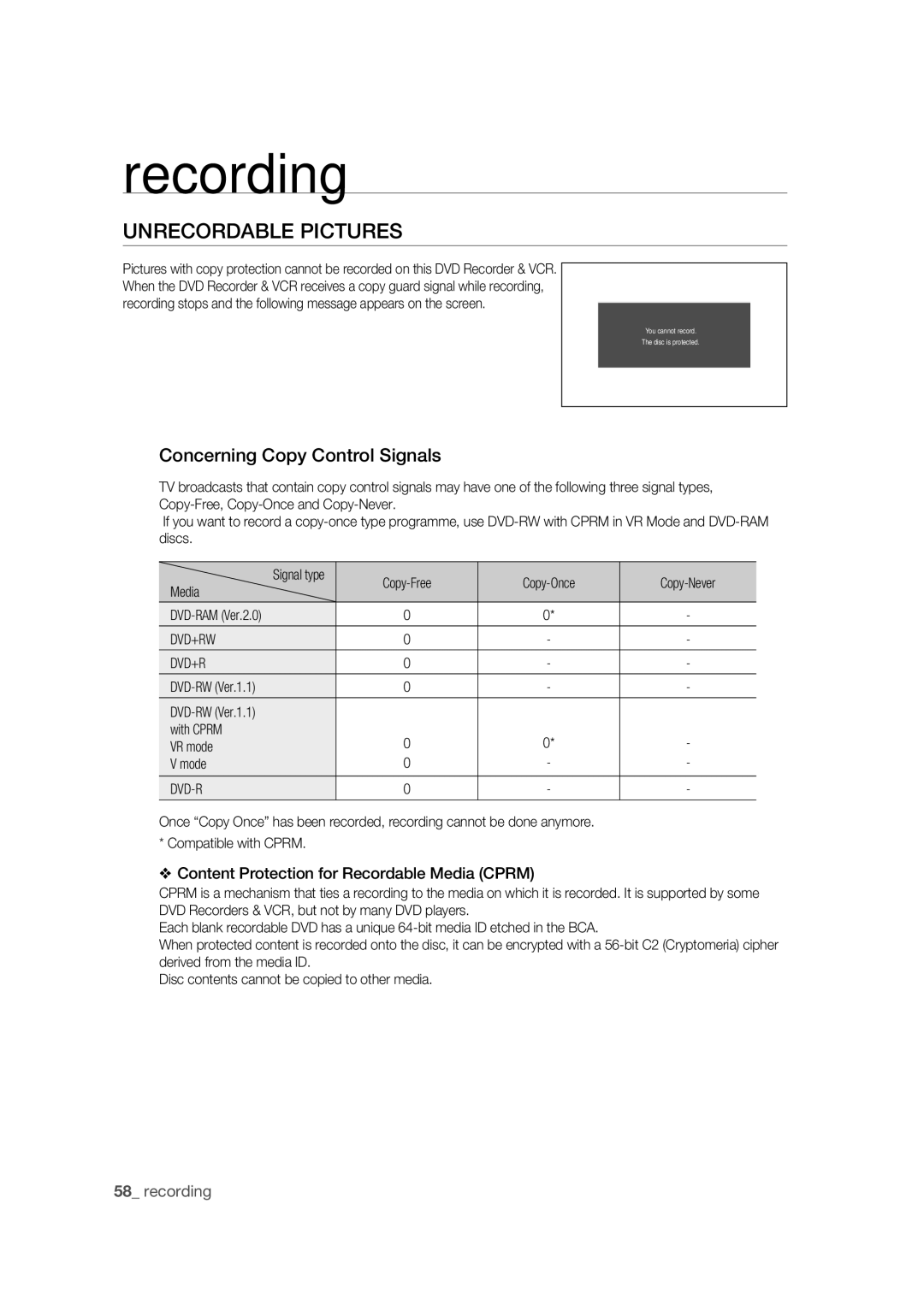 Samsung DVD-VR370/XEC Unrecordable Pictures, Concerning Copy Control Signals, Copy-Free Copy-Once Copy-Never Media, Dvd-R 