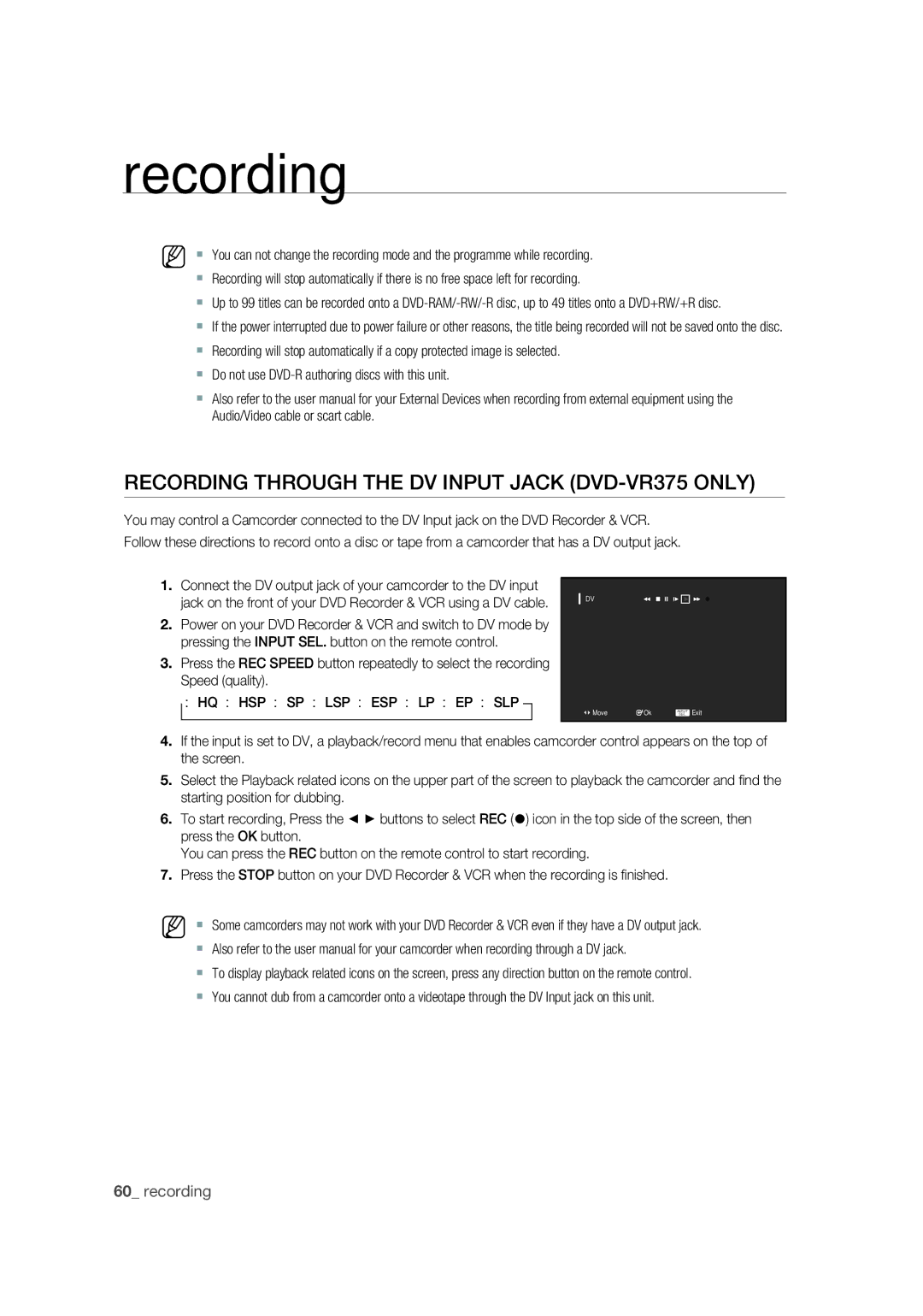 Samsung DVD-VR370/EDC, DVD-VR370/XEC, DVD-VR375/EDC manual Recording Through the DV Input Jack DVD-VR375 only 