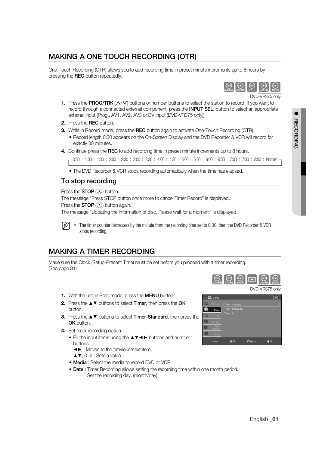 Samsung DVD-VR370/XEC manual Making a ONE Touch Recording OTR, Making a Timer Recording, Set timer recording option 