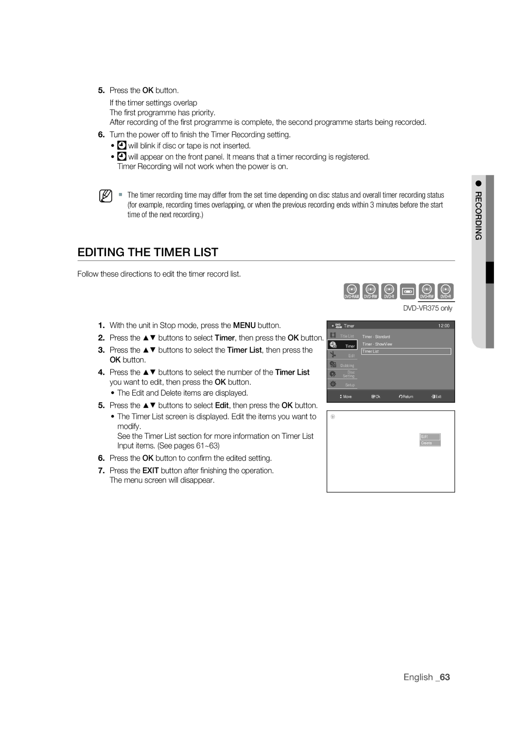 Samsung DVD-VR370/EDC, DVD-VR370/XEC manual Editing the Timer List, Follow these directions to edit the timer record list 