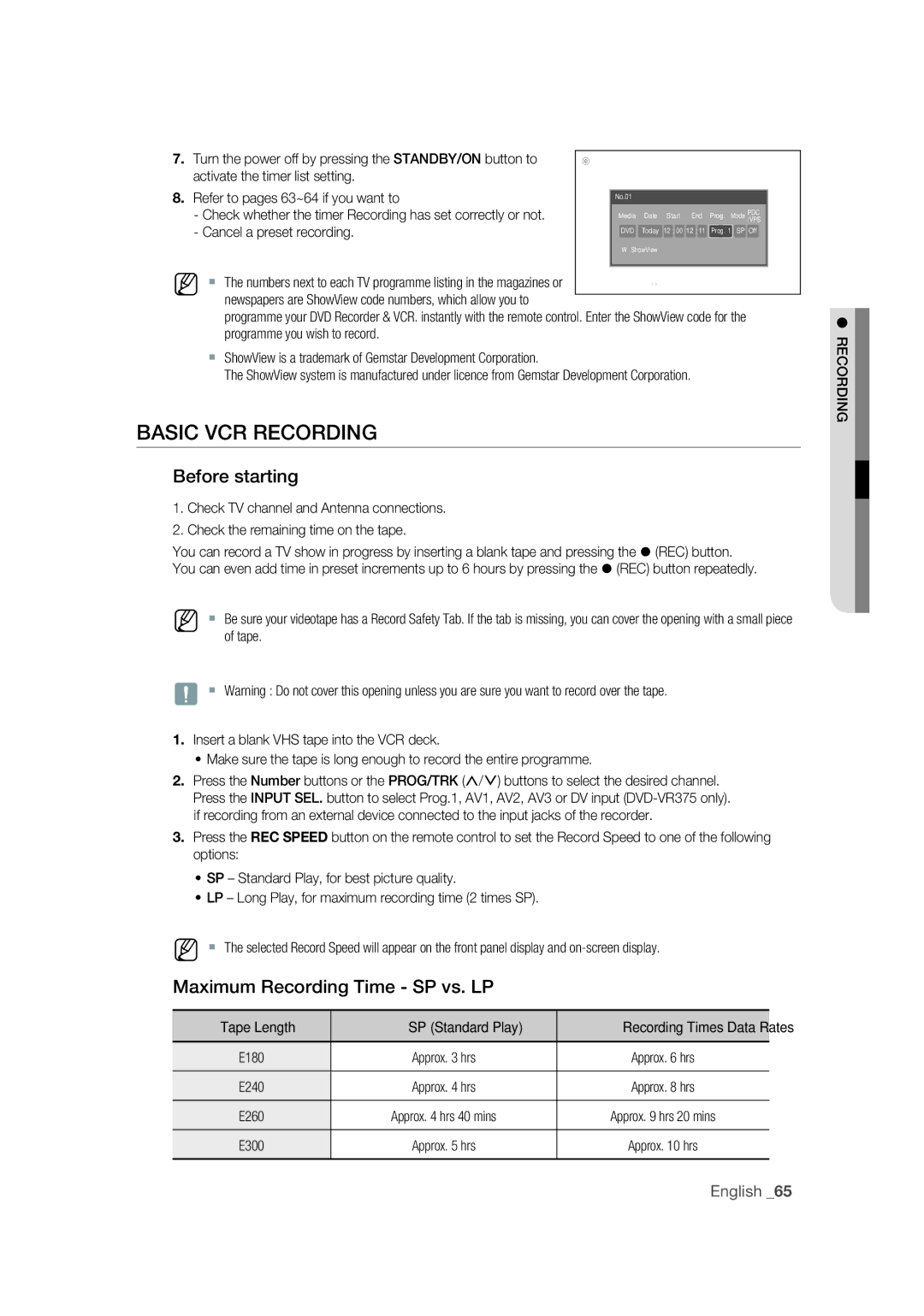 Samsung DVD-VR375/EDC, DVD-VR370/EDC, DVD-VR370/XEC Basic VCR Recording, Before starting, Maximum Recording Time SP vs. LP 