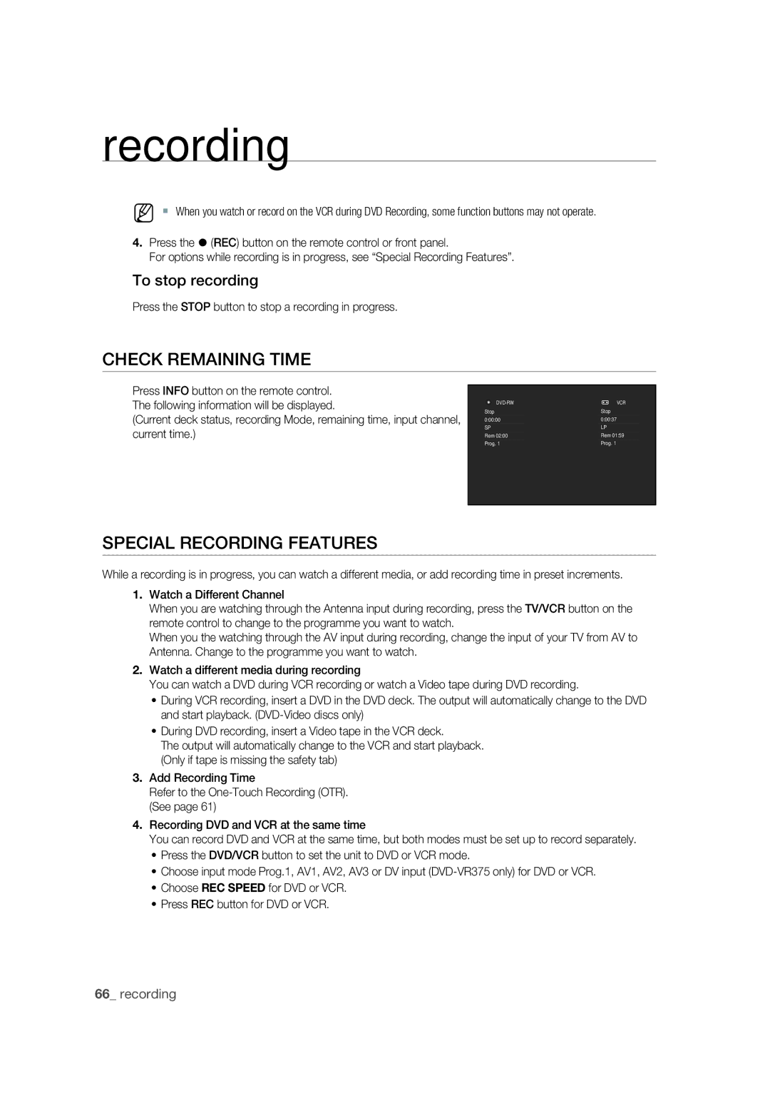 Samsung DVD-VR370/EDC, DVD-VR370/XEC, DVD-VR375/EDC manual Check Remaining Time, Special Recording Features 