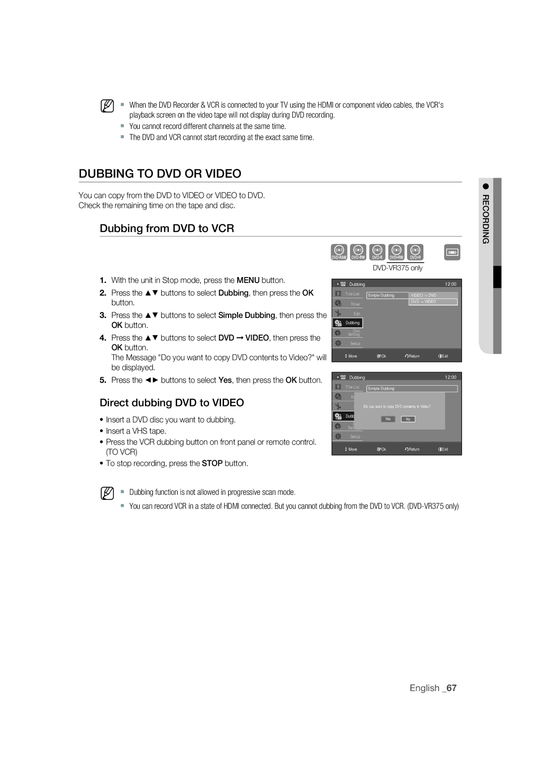 Samsung DVD-VR370/XEC, DVD-VR370/EDC Dubbing to DVD or Video, Dubbing from DVD to VCR, Direct dubbing DVD to Video, To VCR 