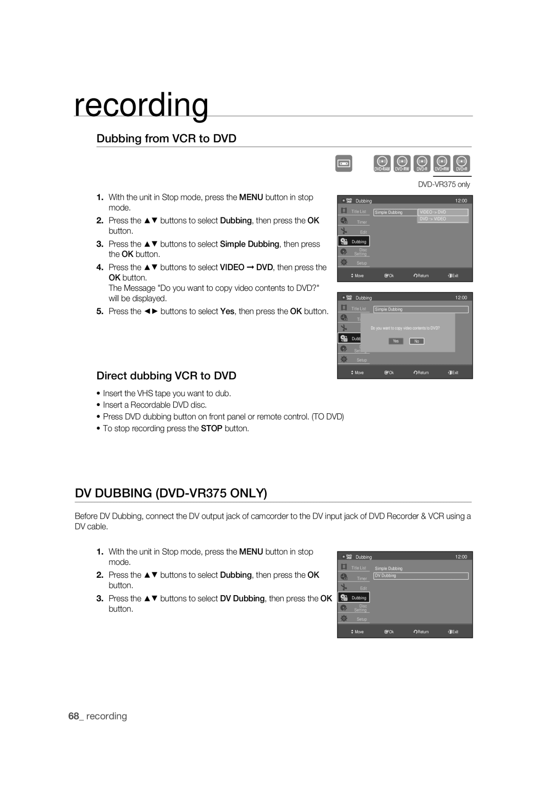 Samsung DVD-VR375/EDC, DVD-VR370/EDC manual DV Dubbing DVD-VR375 only, Dubbing from VCR to DVD, Direct dubbing VCR to DVD 