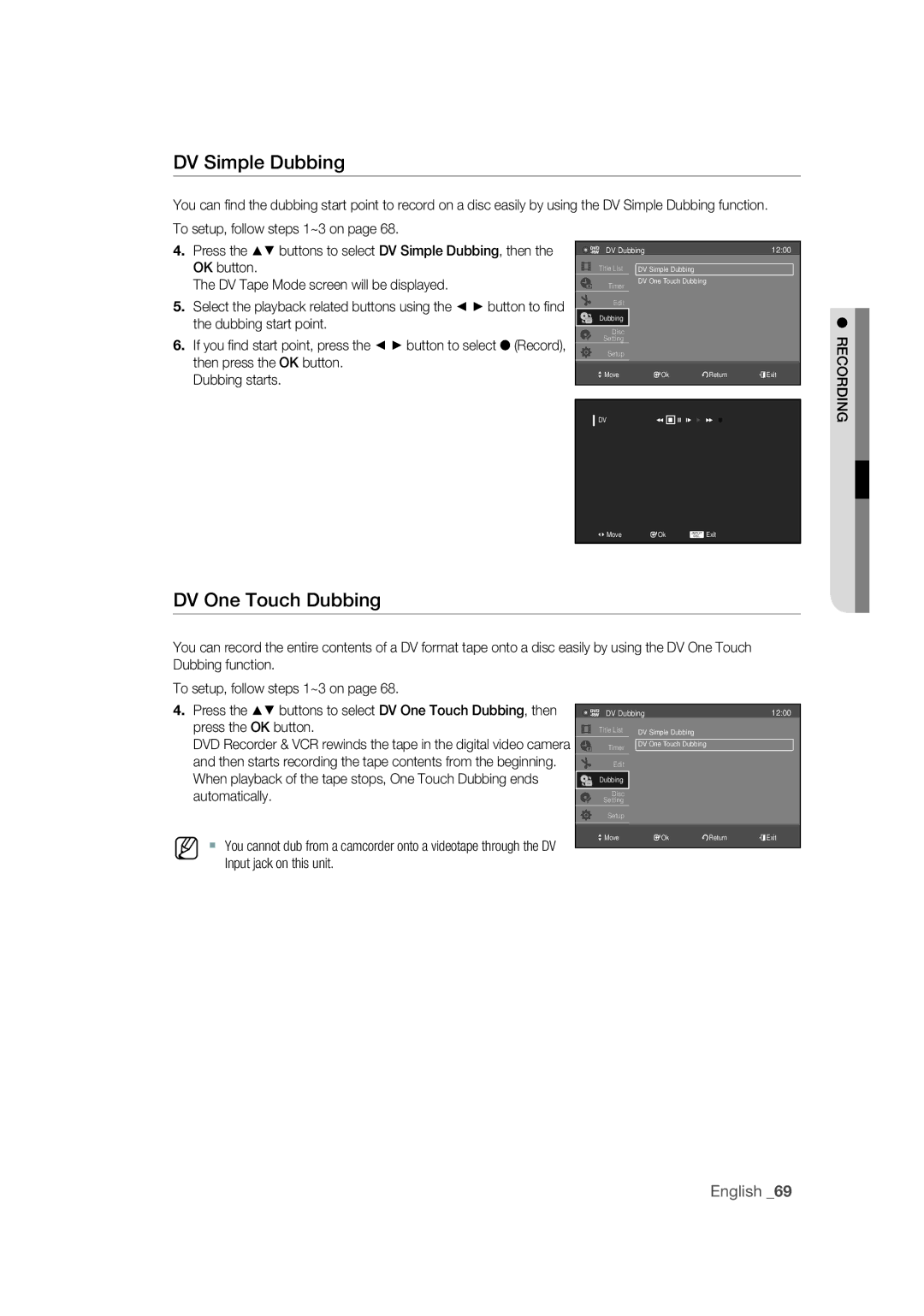 Samsung DVD-VR370/EDC, DVD-VR370/XEC, DVD-VR375/EDC manual DV Simple Dubbing, DV One Touch Dubbing 