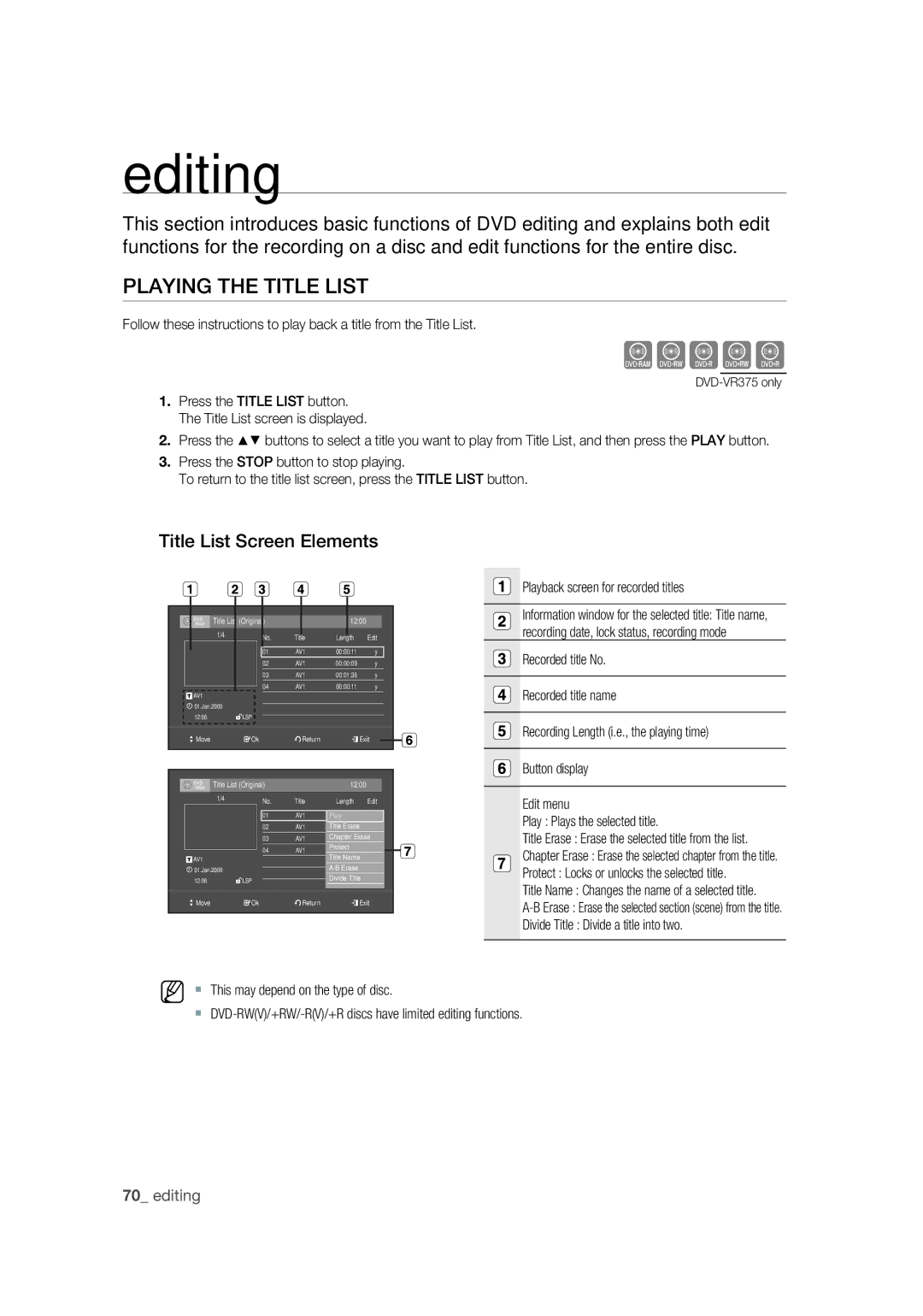 Samsung DVD-VR370/XEC manual Playing the Title List, Title List Screen Elements, Playback screen for recorded titles 