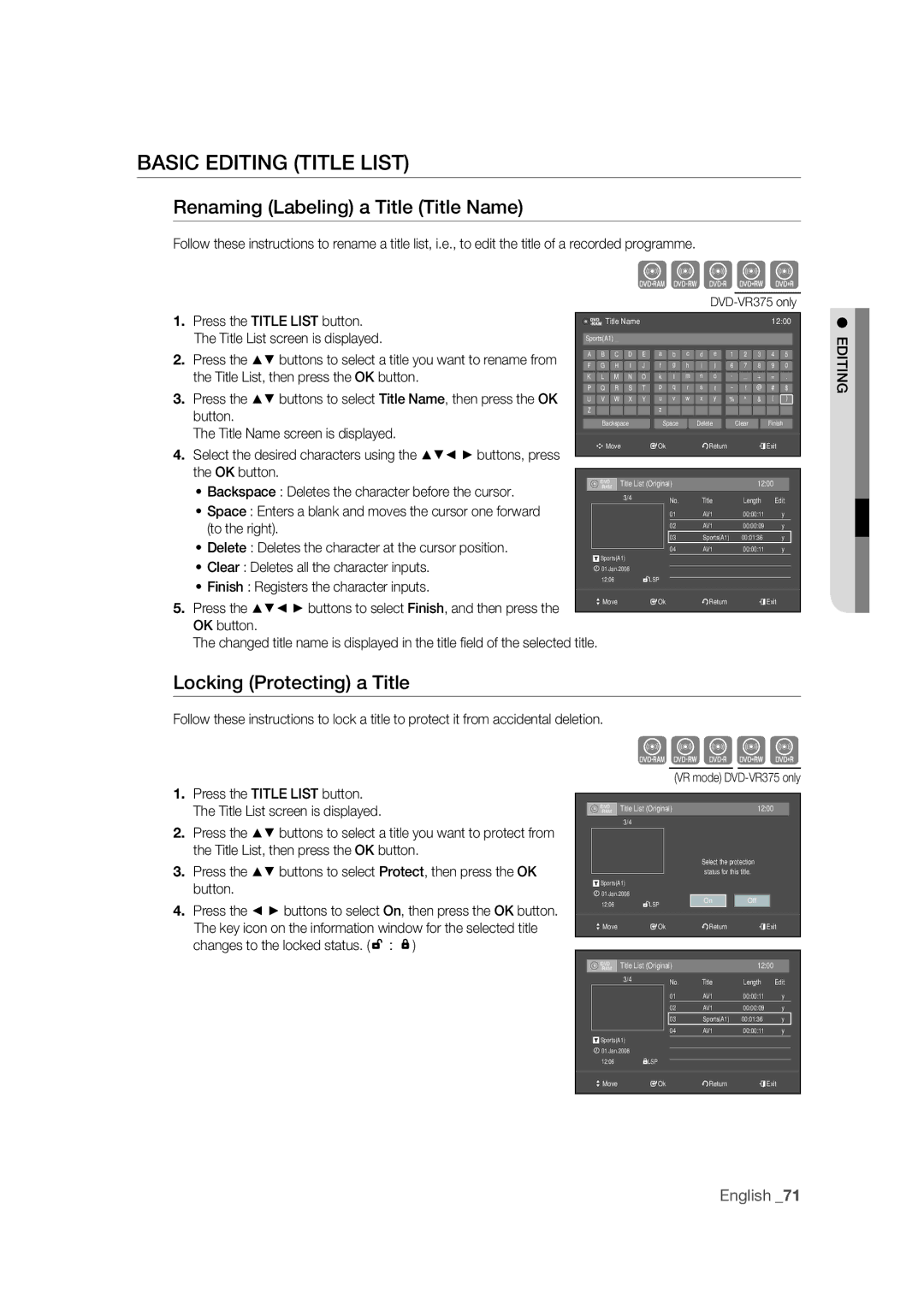 Samsung DVD-VR375/EDC manual Basic Editing Title List, Renaming Labeling a Title Title Name, Locking Protecting a Title 