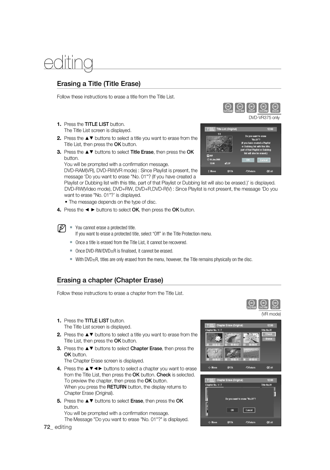 Samsung DVD-VR370/EDC manual Erasing a Title Title Erase, Erasing a chapter Chapter Erase, Press the Title List button 