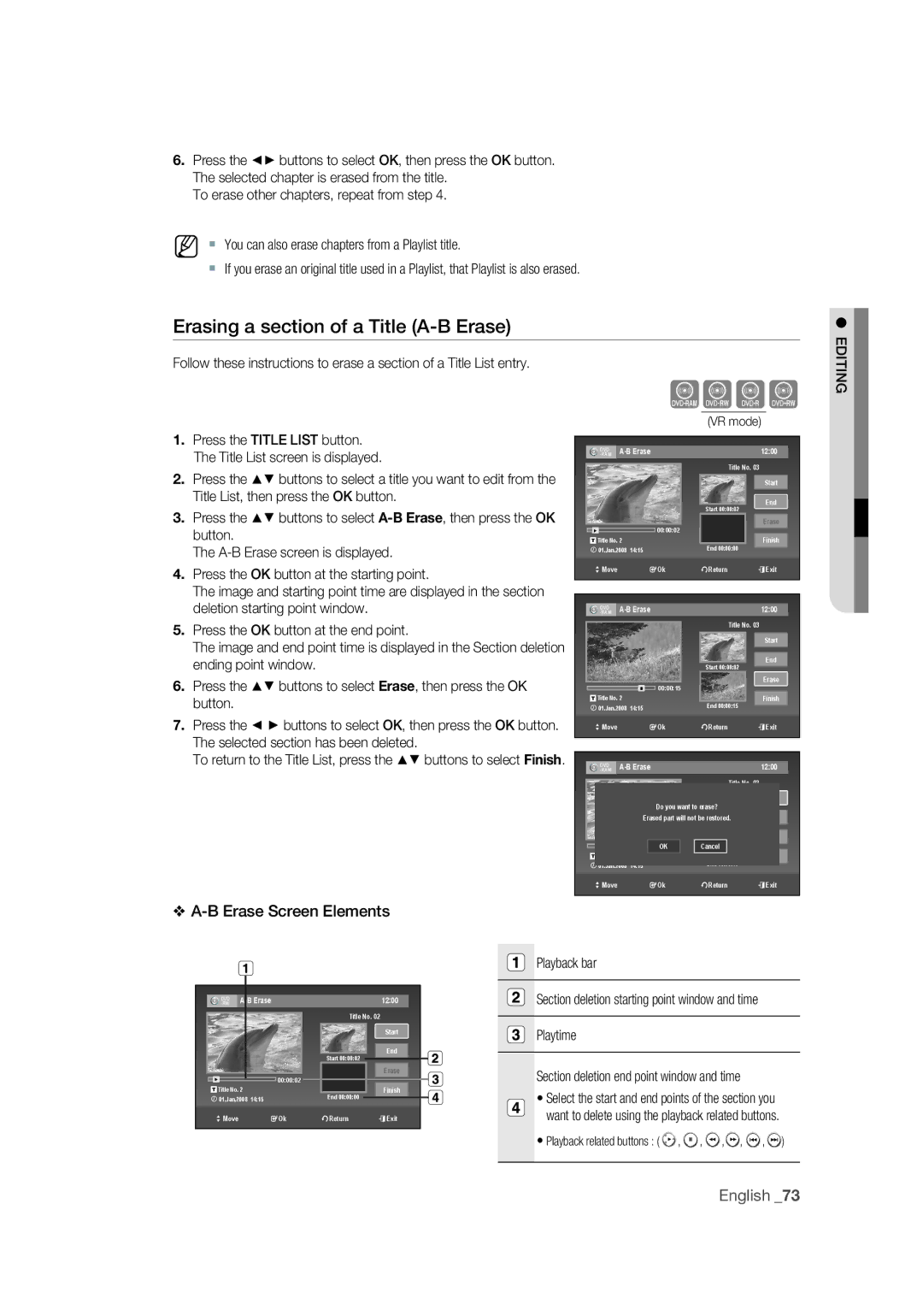 Samsung DVD-VR370/XEC, DVD-VR370/EDC, DVD-VR375/EDC manual Erasing a section of a Title A-B Erase 