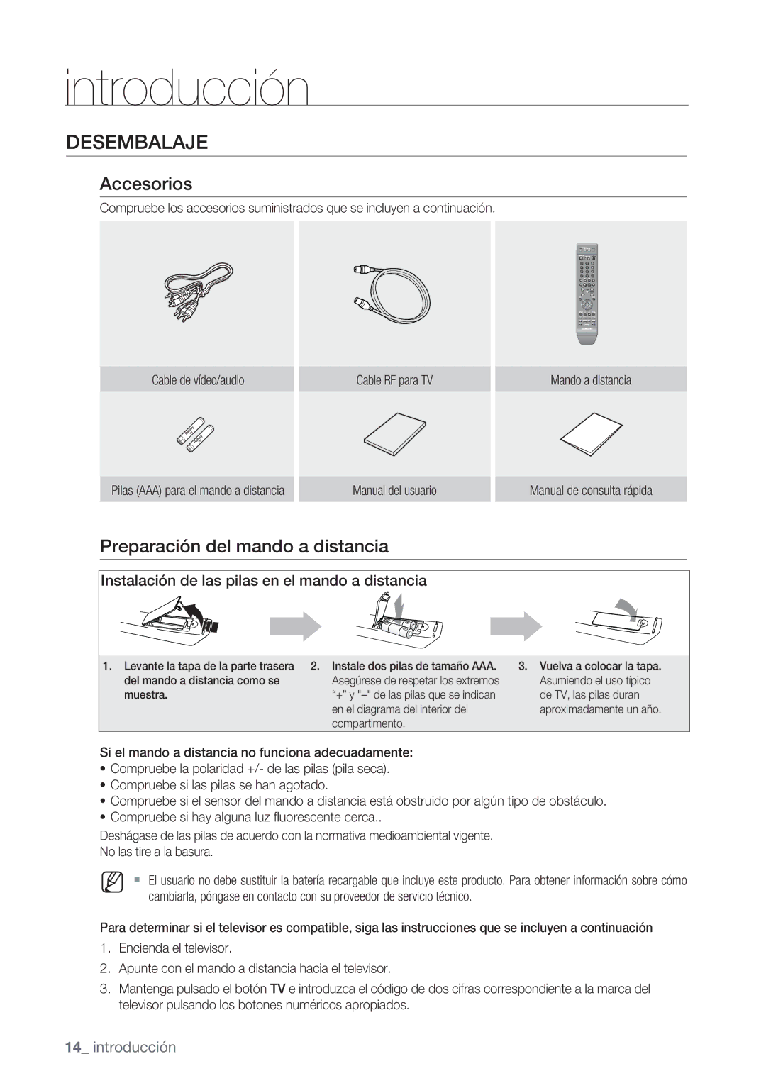 Samsung DVD-VR370/EDC, DVD-VR370/XEC manual Desembalaje, Accesorios, Preparación del mando a distancia 