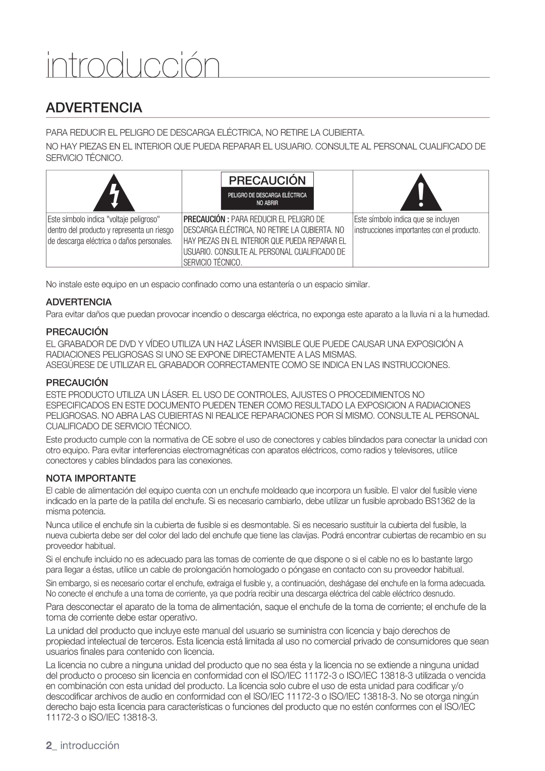 Samsung DVD-VR370/EDC, DVD-VR370/XEC manual Advertencia, Precaución, Nota Importante 