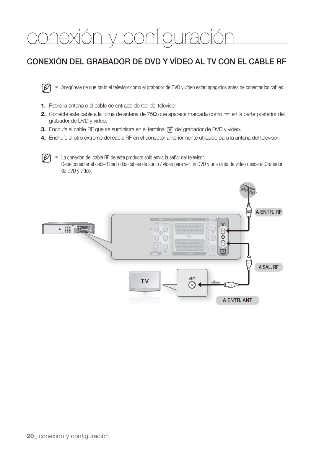 Samsung DVD-VR370/EDC manual Conexión DEL Grabador DE DVD Y Vídeo AL TV CON EL Cable RF, Entr. Rf Sal. Rf Entr. Ant 