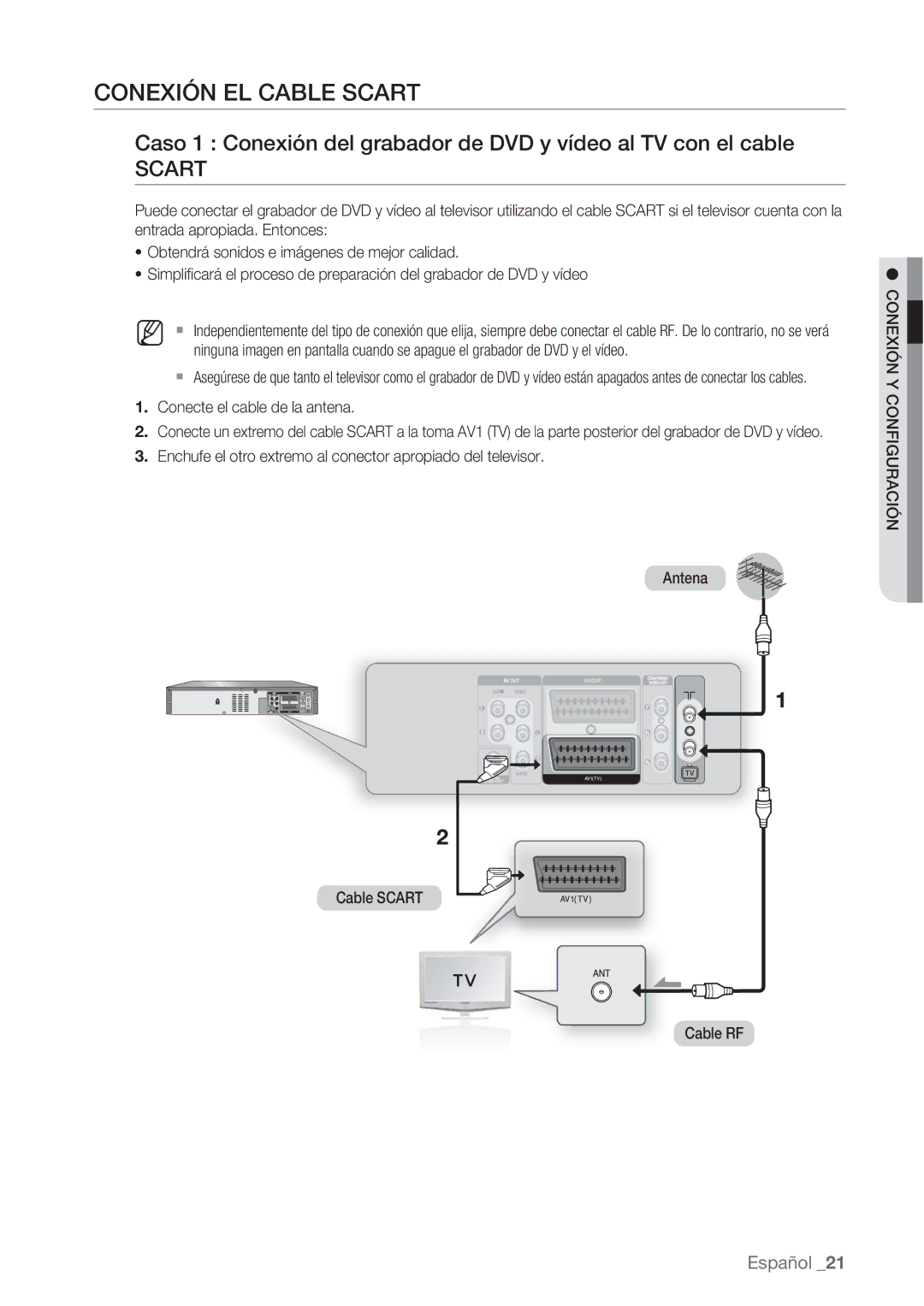 Samsung DVD-VR370/XEC, DVD-VR370/EDC manual Conexión EL Cable Scart, Conecte el cable de la antena, Conexión Y Configuración 