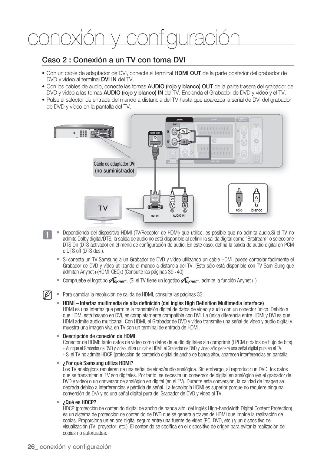 Samsung DVD-VR370/EDC manual Caso 2 Conexión a un TV con toma DVI,  Descripción de conexión de Hdmi,  ¿Qué es HDCP? 