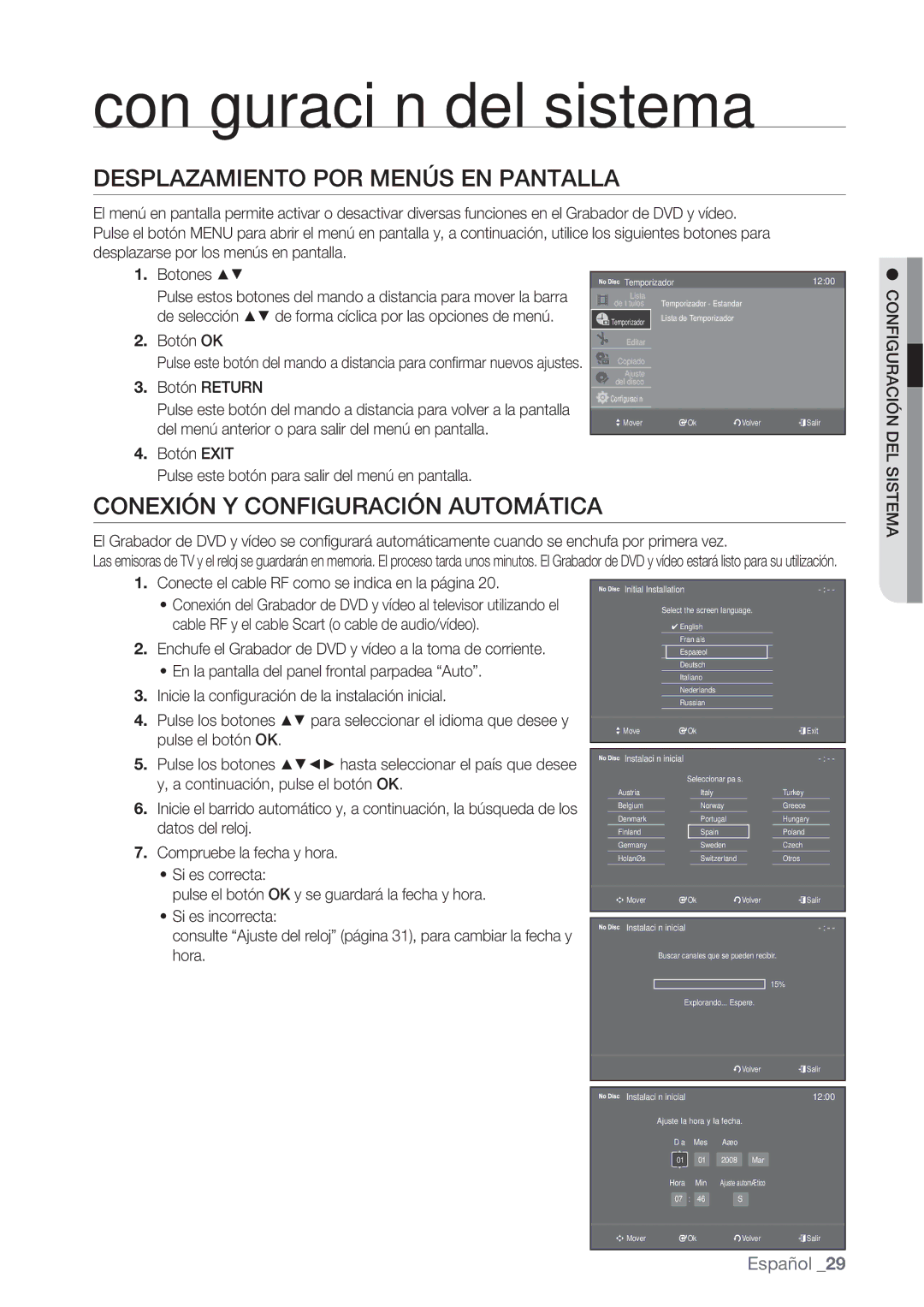 Samsung DVD-VR370/XEC, DVD-VR370/EDC manual Desplazamiento POR Menús EN Pantalla, Conexión Y Configuración Automática 