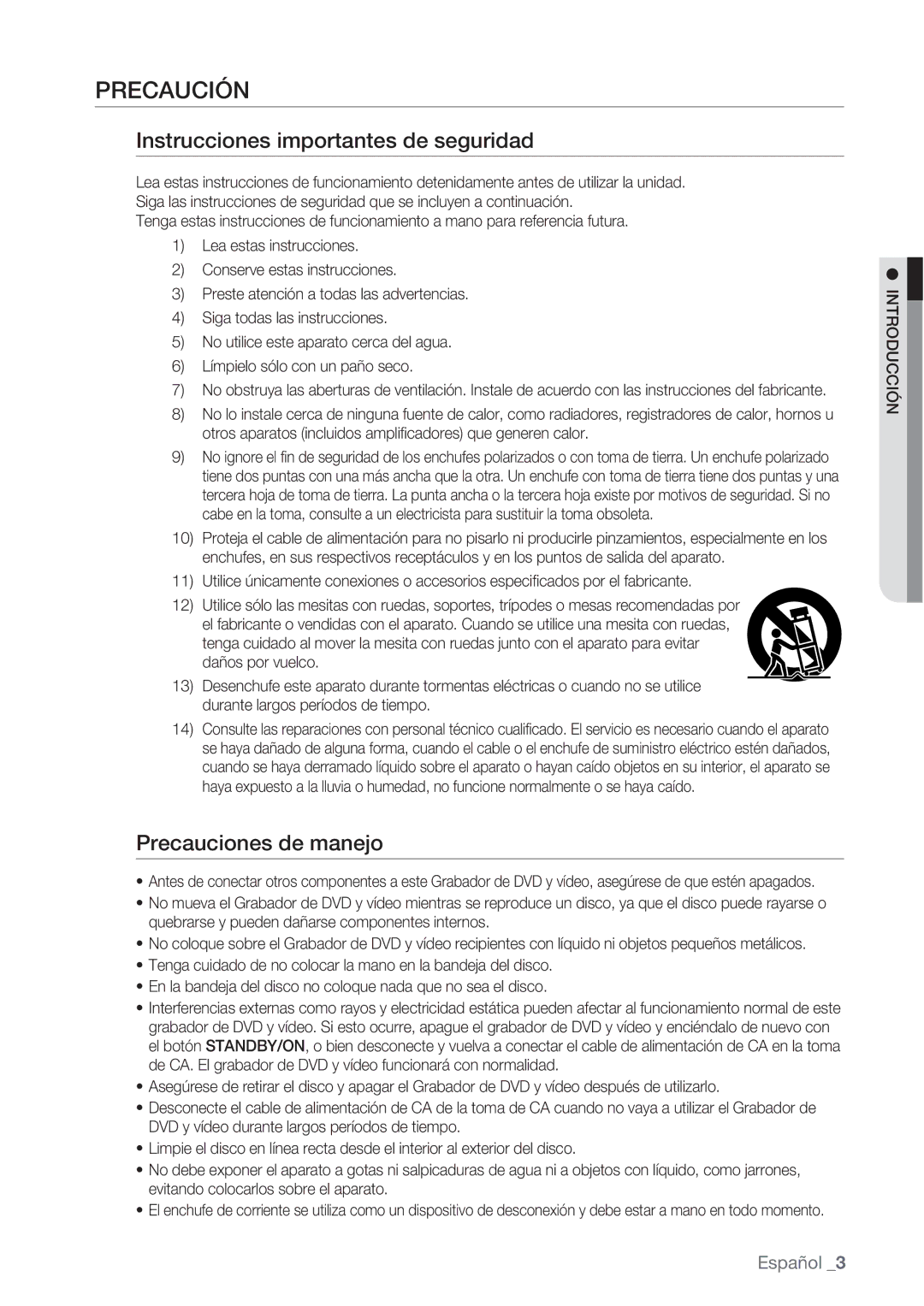 Samsung DVD-VR370/XEC manual Precaución, Instrucciones importantes de seguridad, Precauciones de manejo, Introducción 