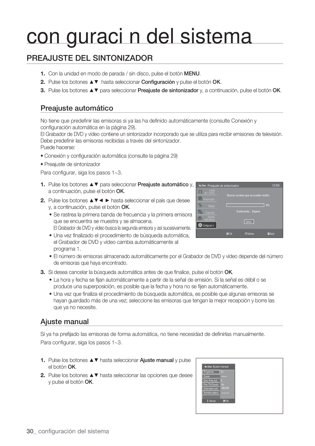 Samsung DVD-VR370/EDC Preajuste DEL Sintonizador, Preajuste automático, Ajuste manual, Para conﬁgurar, siga los pasos 1~3 