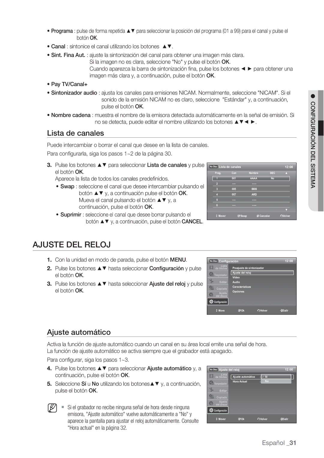 Samsung DVD-VR370/XEC, DVD-VR370/EDC manual Ajuste DEL Reloj, Lista de canales, Ajuste automático 